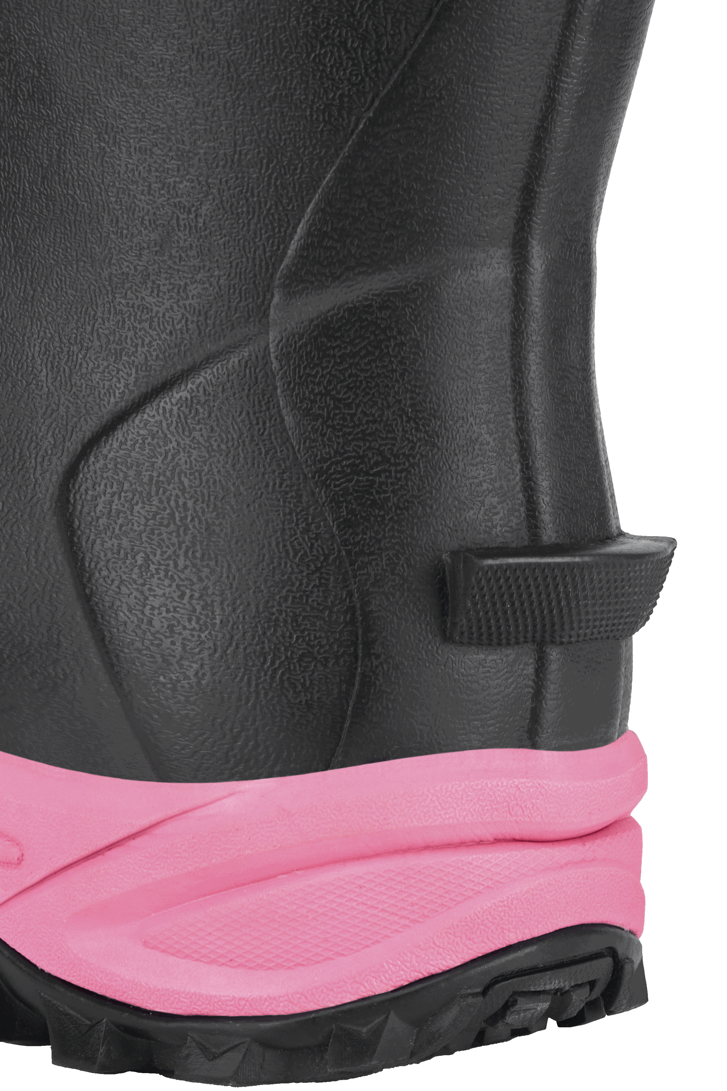 Rear view close-up of Trudave HeatHold Series women’s tall waterproof insulated rubber boots showing kick tab design for easy on and off and durable waterproof construction