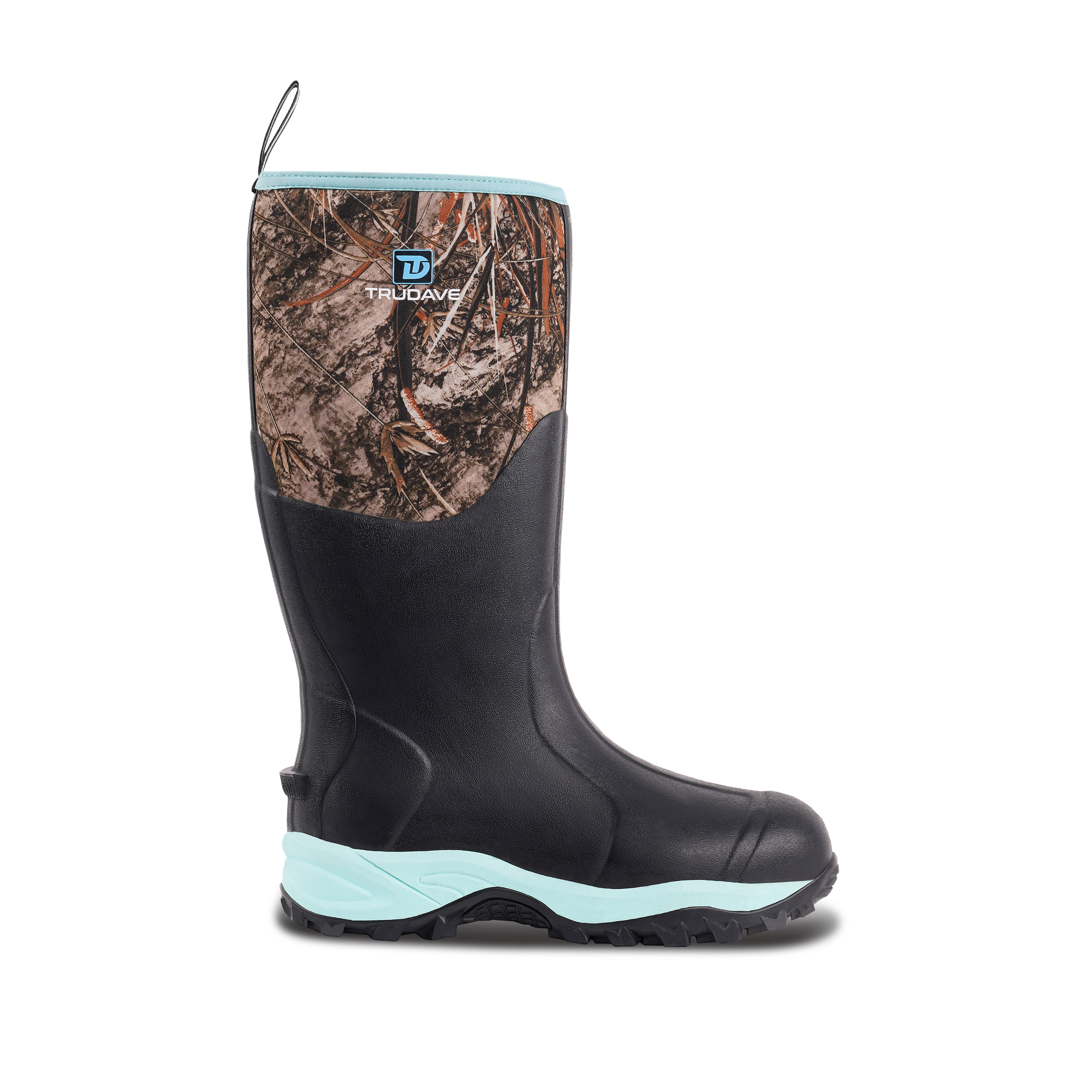 Side view of Trudave HeatHold Series women’s tall waterproof insulated rubber boots in green camo showing durable waterproof shell and warm lining for rain and garden use