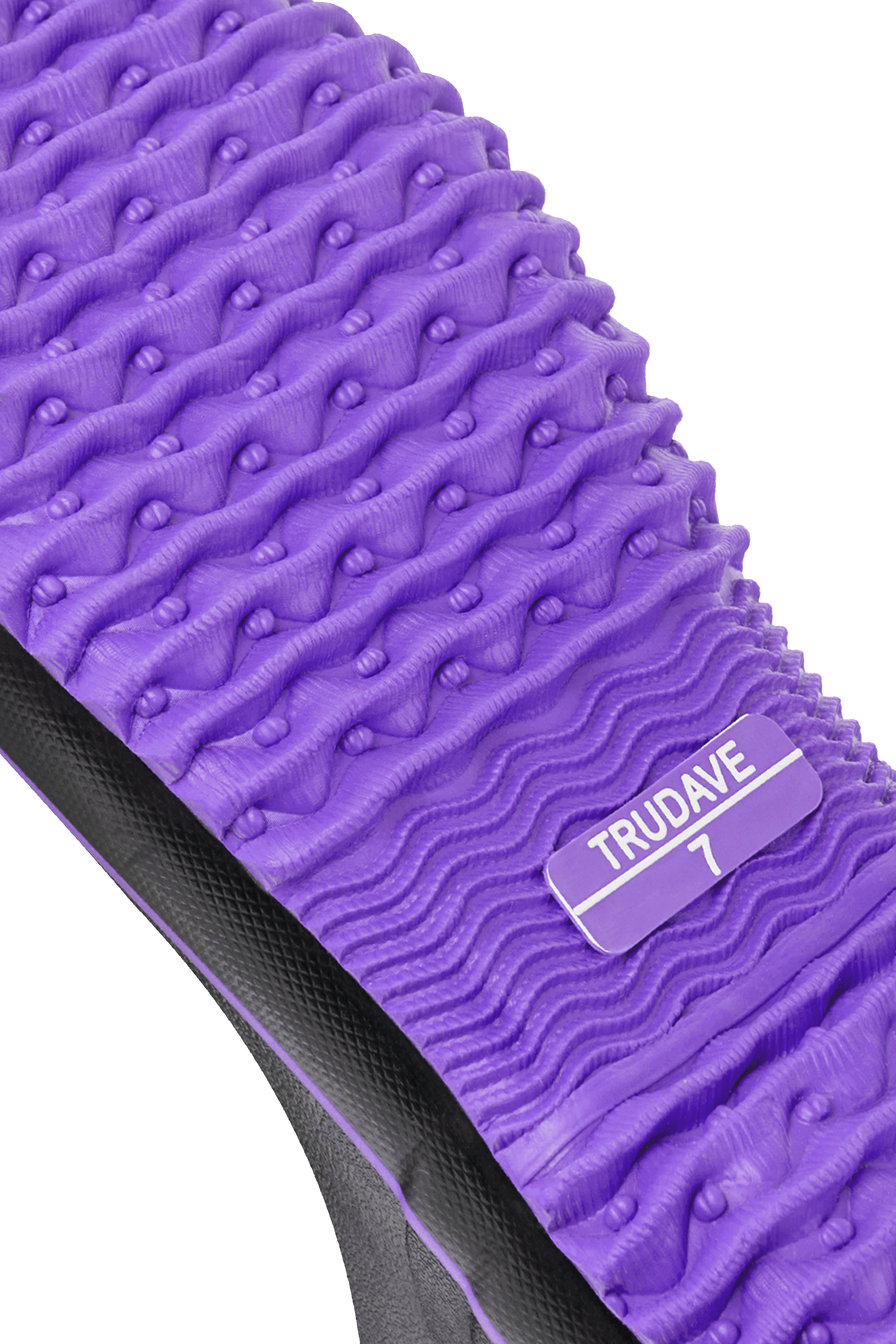 Outsole close-up of Trudave BloomBoot Series women’s mid-calf waterproof neoprene garden rain boots in purple showing deep tread traction and slip-resistant rubber design for rain and outdoor use