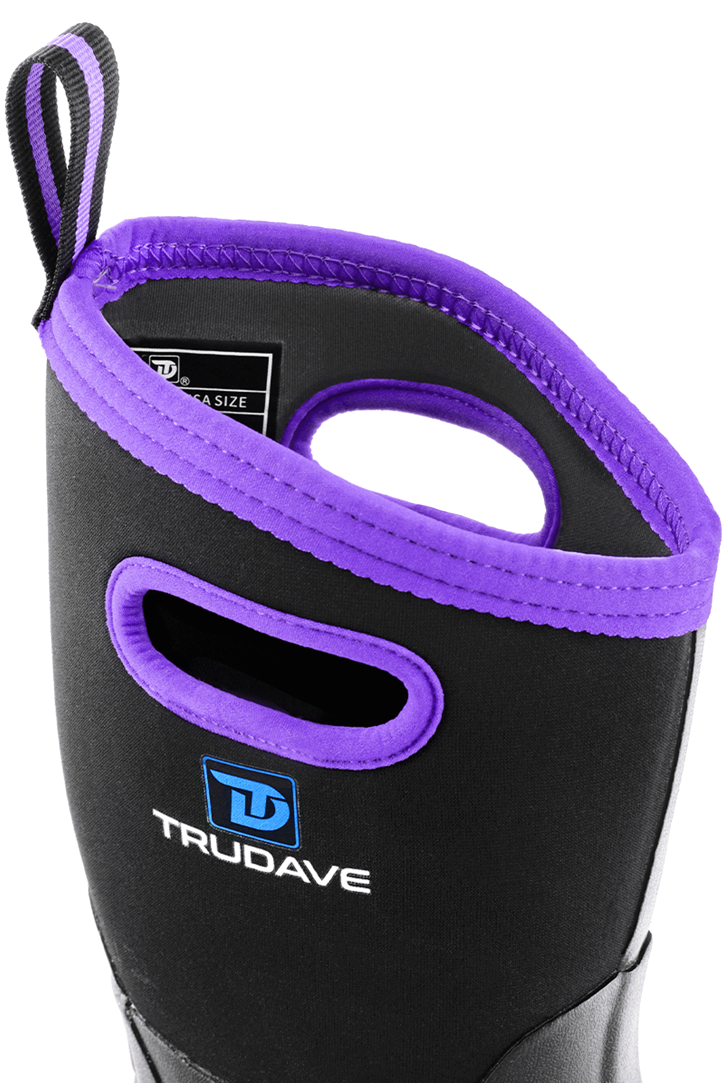 Trudave BloomBoot Series women’s waterproof neoprene garden rain boots in black and purple, featuring mid-calf design, easy pull-on handles, and durable rubber shell for gardening and outdoor activities