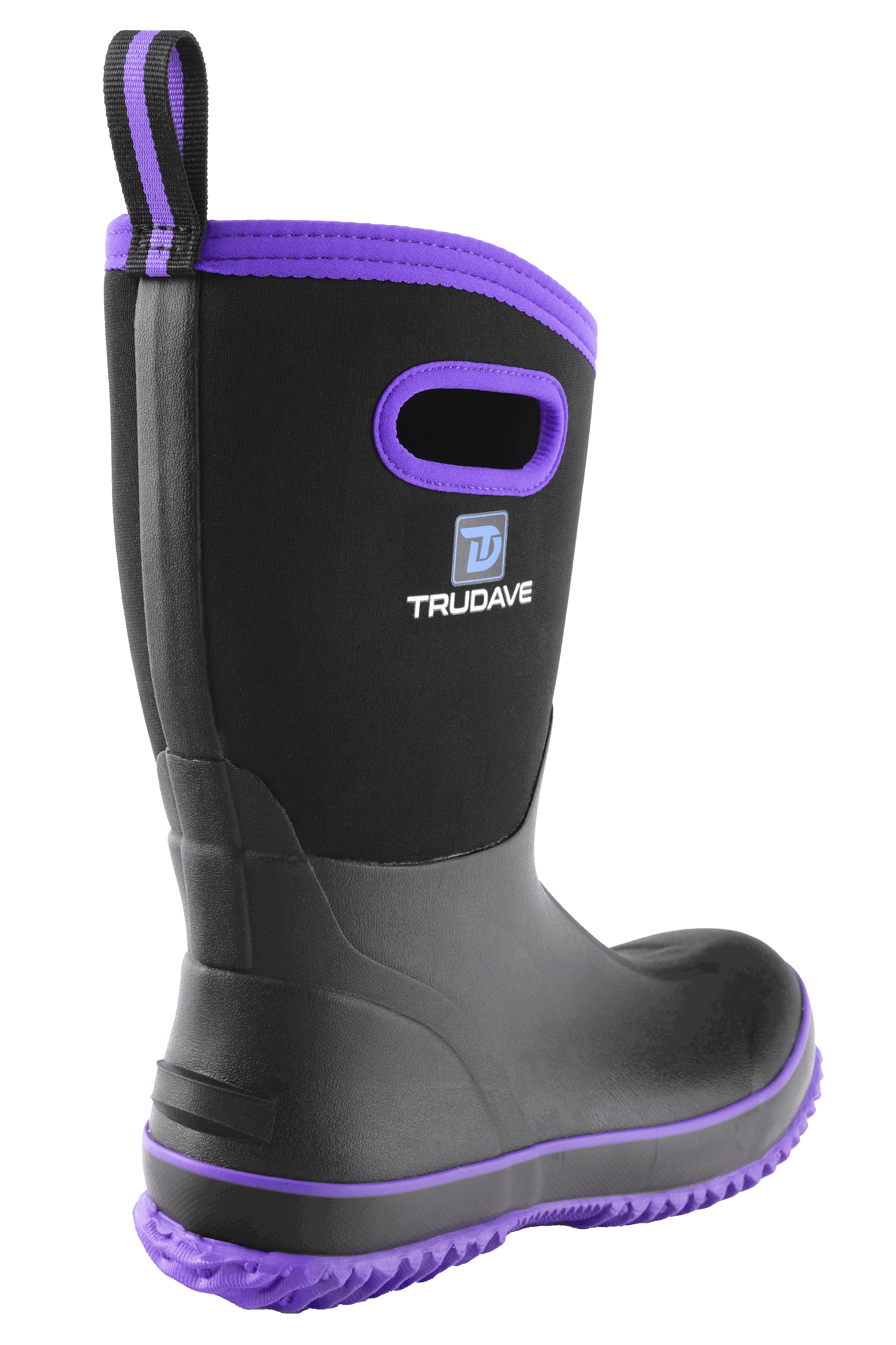 Side view of Trudave BloomBoot Series women’s mid-calf waterproof neoprene garden rain boots in black with purple trim showing durable rubber design and stylish waterproof construction