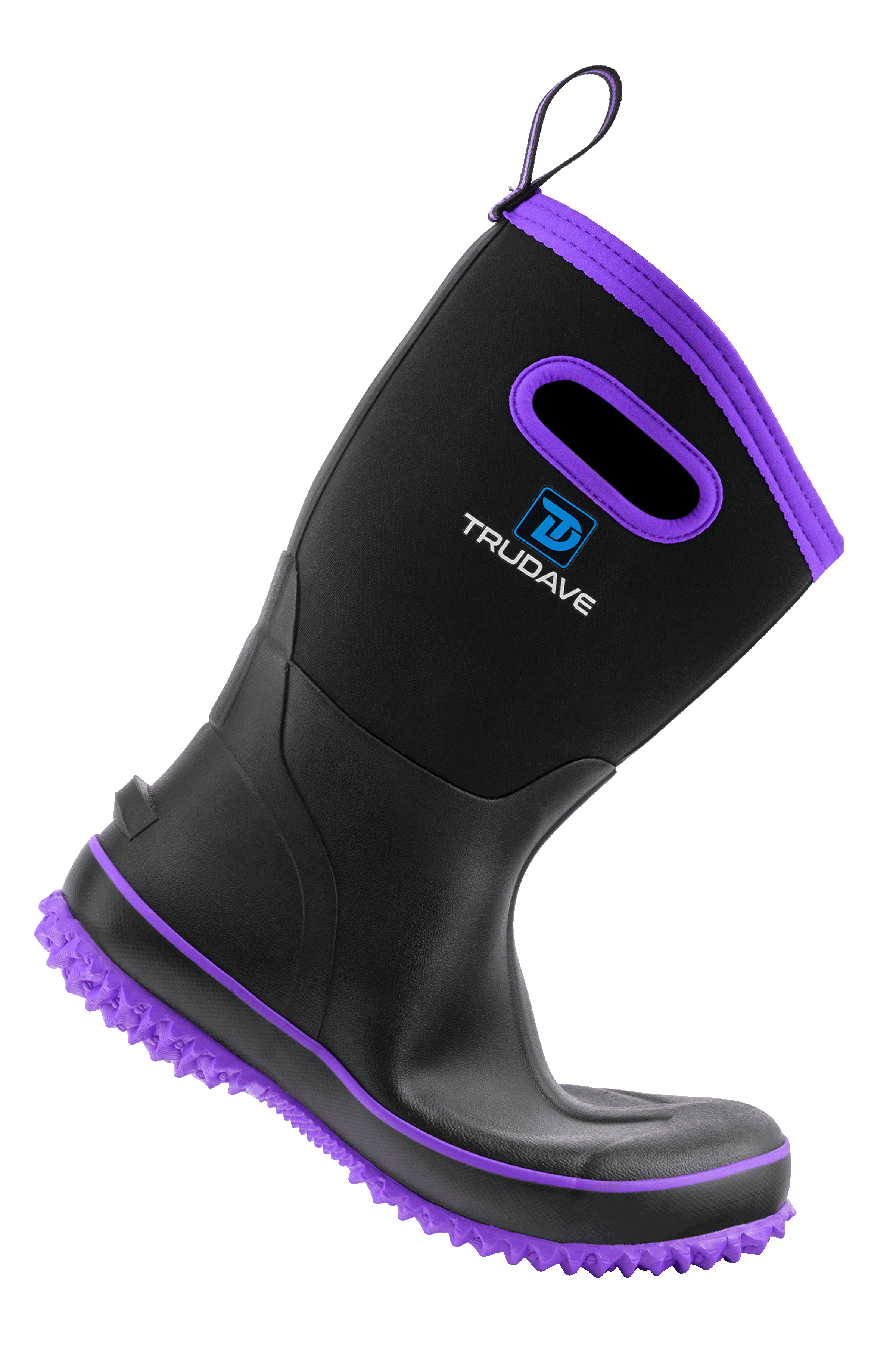 Side view of Trudave BloomBoot Series women’s mid-calf waterproof neoprene garden rain boots in black with purple trim showing curved heel flexibility and durable waterproof rubber design