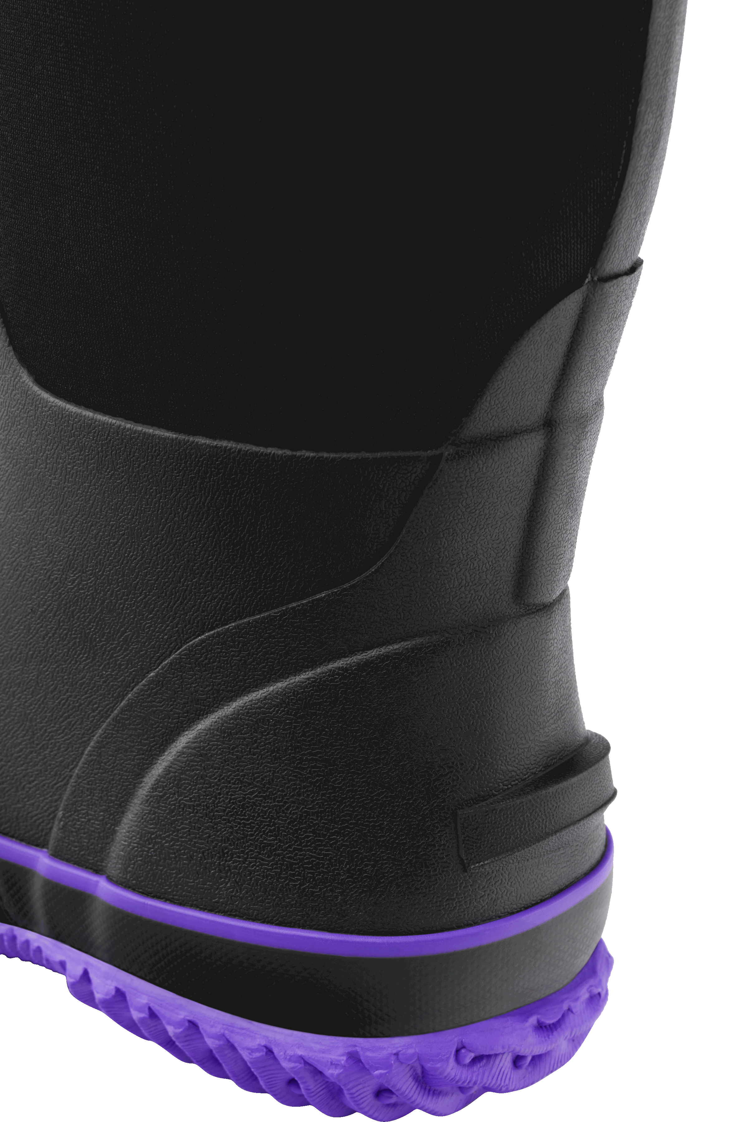 Heel close-up of Trudave BloomBoot Series women’s mid-calf waterproof neoprene garden rain boots in black with purple trim showing rear kick tab for easy on and off and durable waterproof design