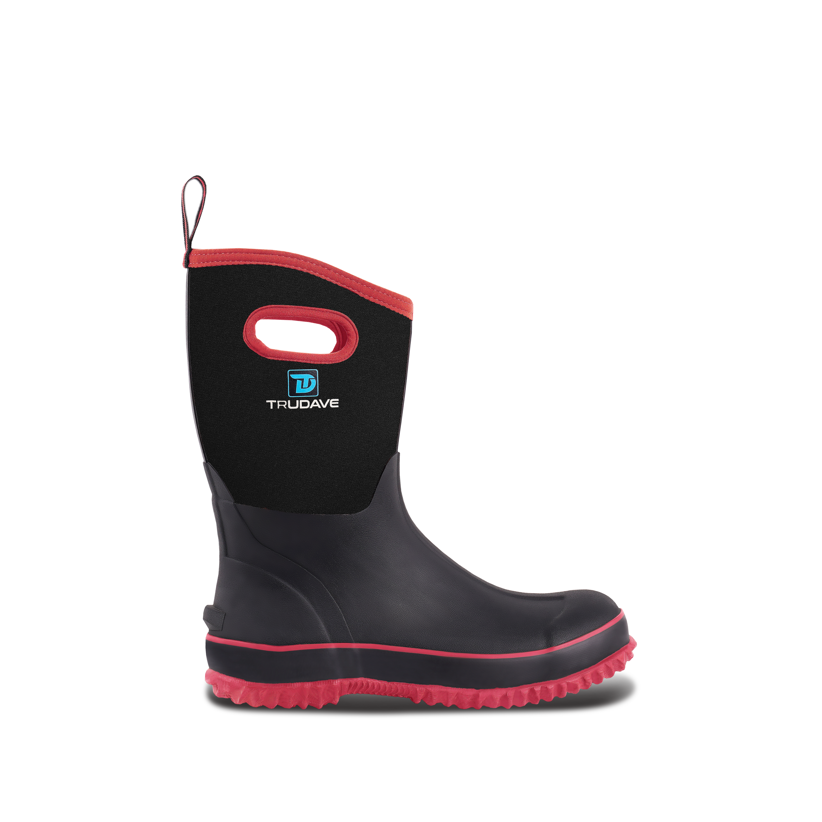 Side view of Trudave BloomBoot Series women’s mid-calf waterproof neoprene garden rain boots in black with red trim showing durable rubber shell and waterproof design for rain and outdoor use