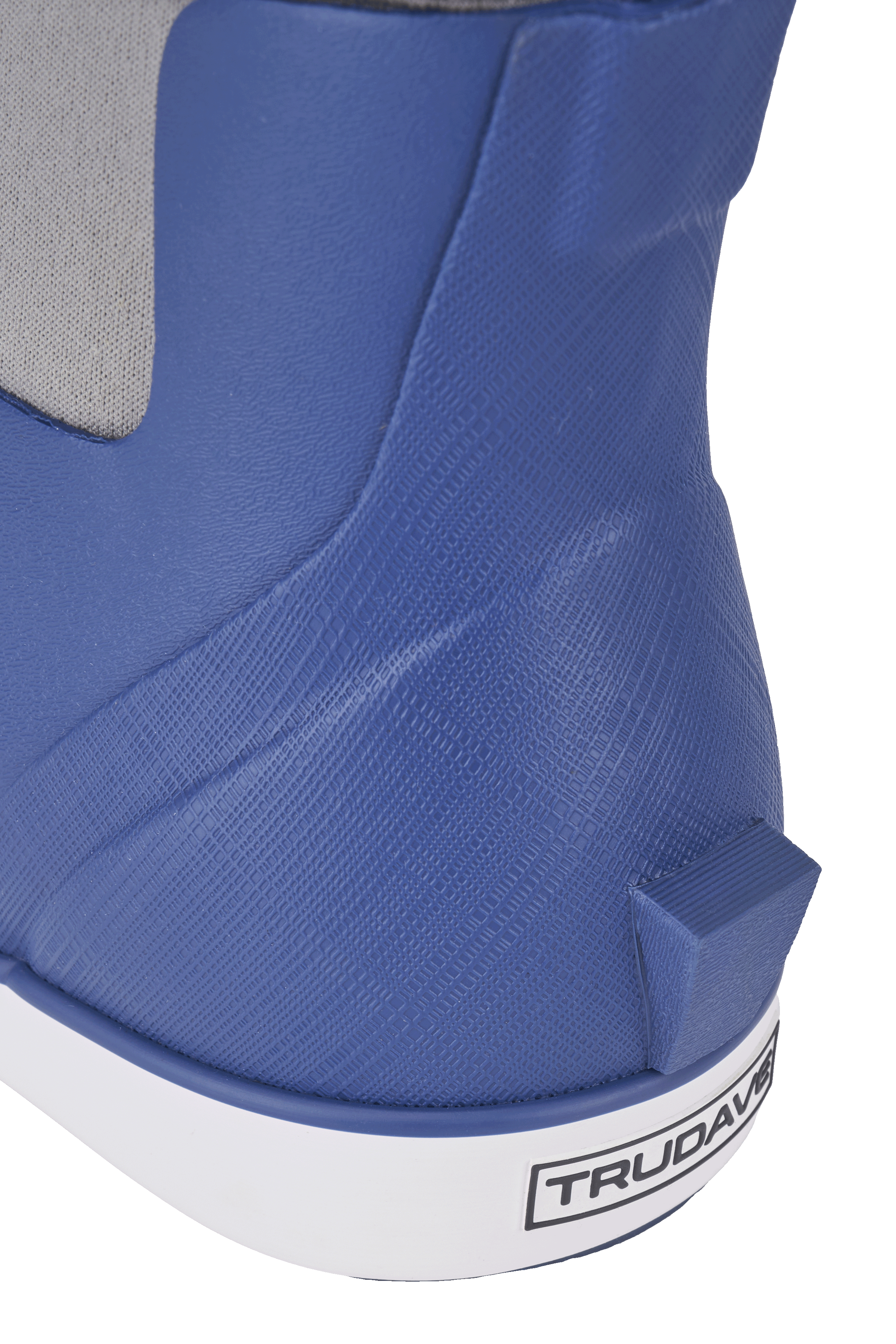 Heel close-up of Trudave DeckFlow Series women’s ankle waterproof rubber deck boots in legion blue showing rear kick tab for easy on and off and durable waterproof construction for boating use