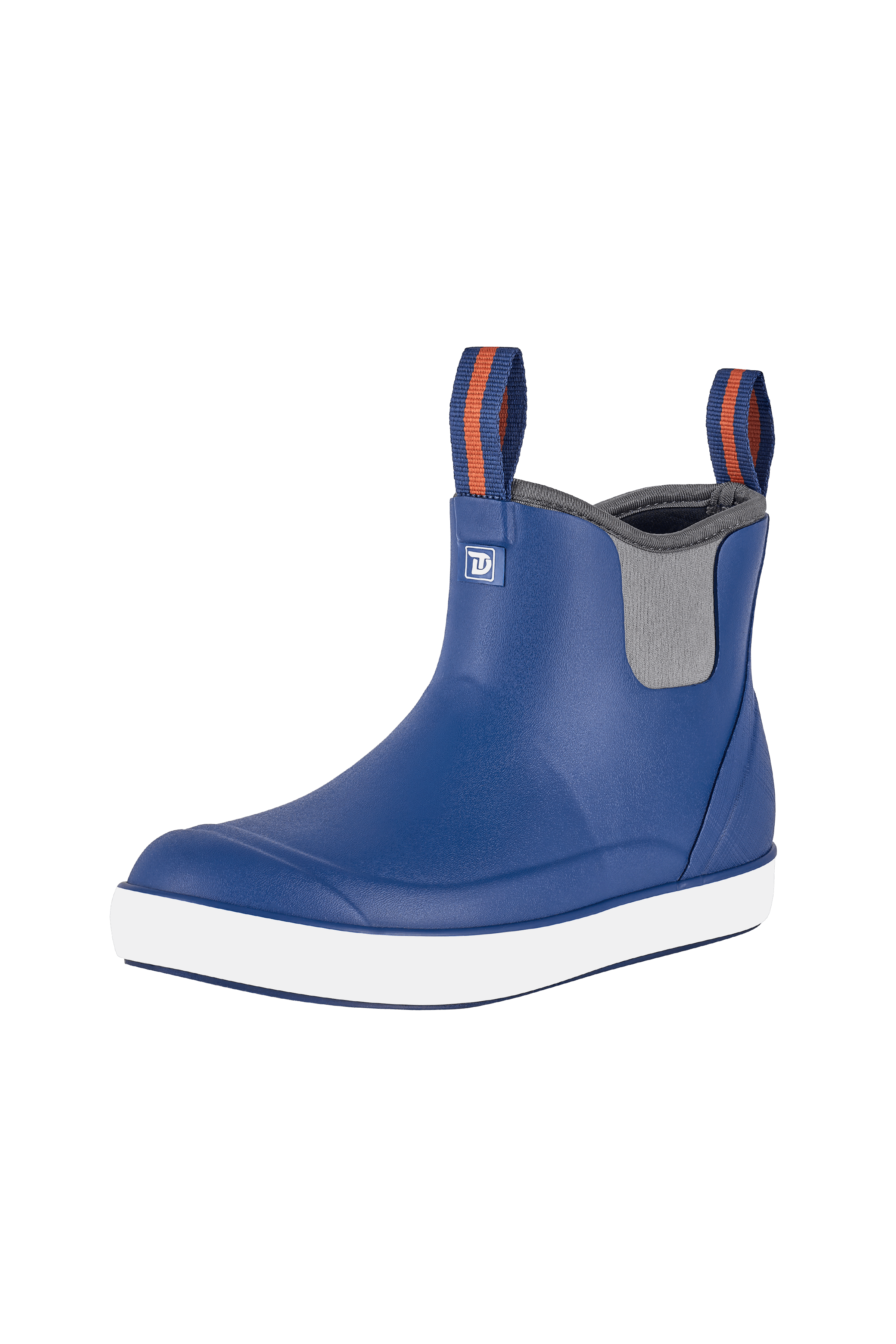 Side view of Trudave DeckFlow Series women’s ankle waterproof rubber deck boots in legion blue showing durable waterproof shell and non-slip sole for fishing and boating