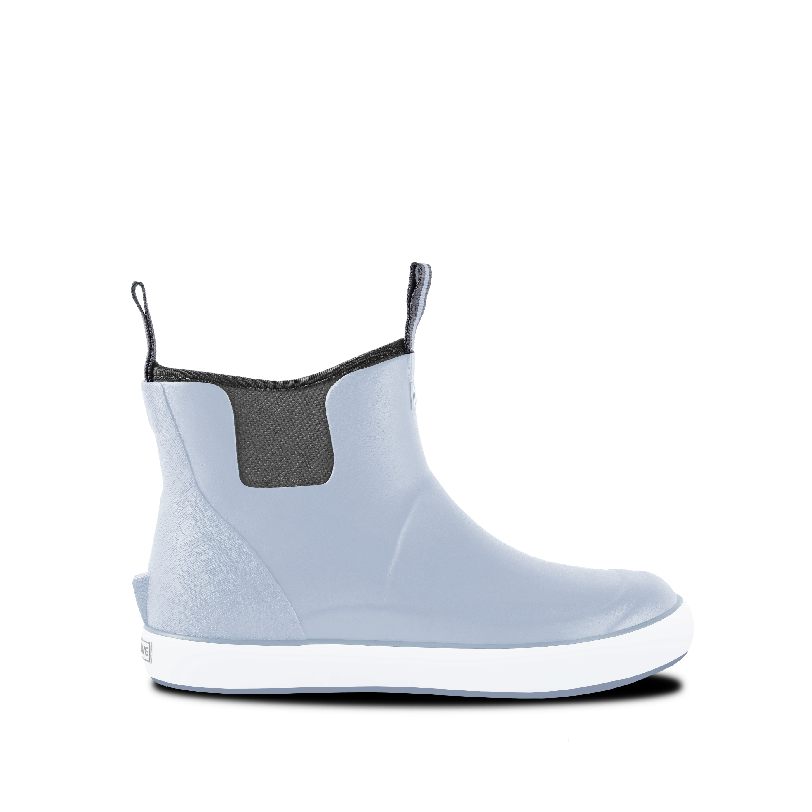 Side view of Trudave DeckFlow Series women’s ankle waterproof rubber deck boots in blue frog color showing durable waterproof shell and non-slip sole for fishing and boating use