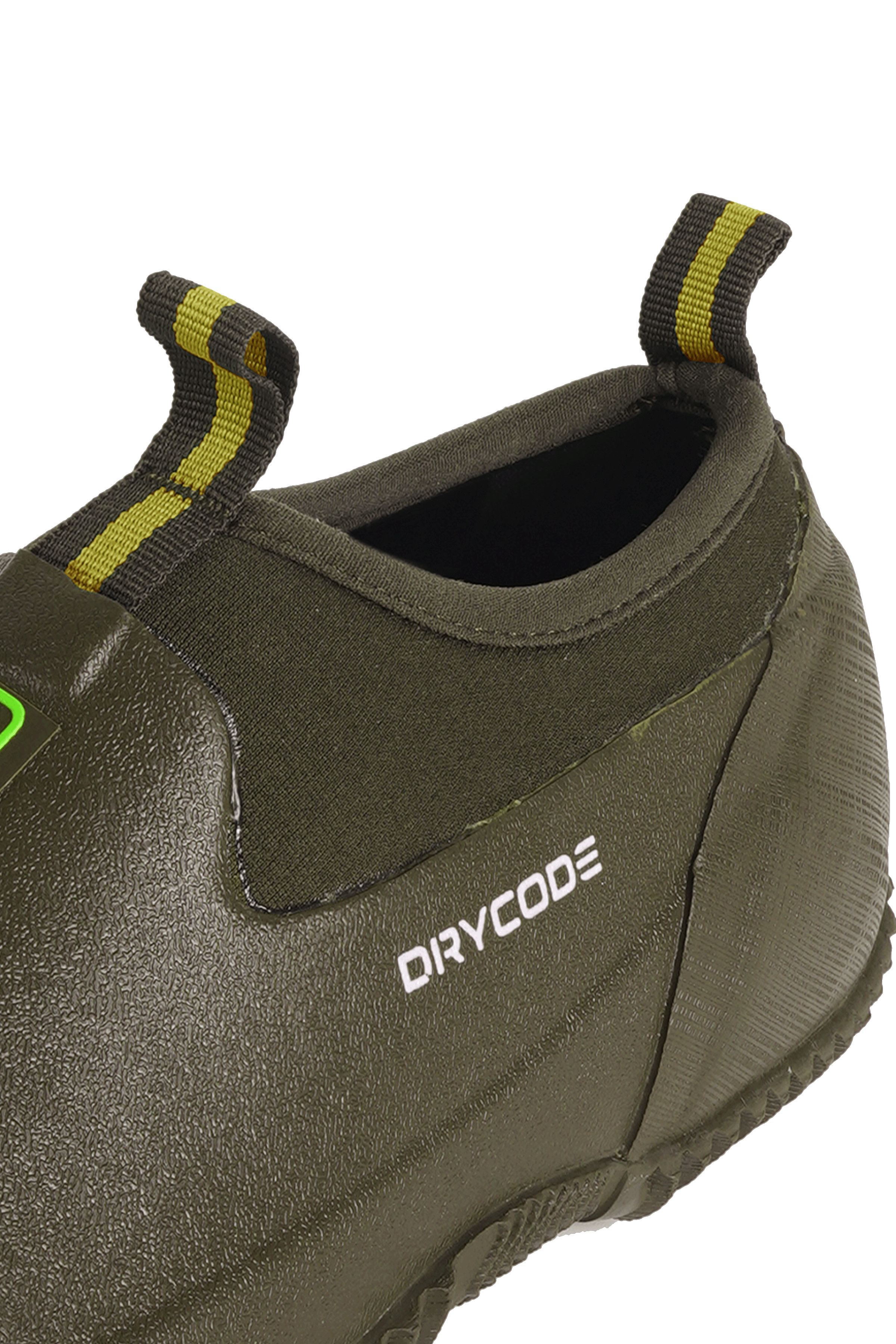 Close-up of Trudave GardenStride Series waterproof rubber garden boots in olive green – boot collar with pull loop and reinforced stitching detail for durability and gardening use