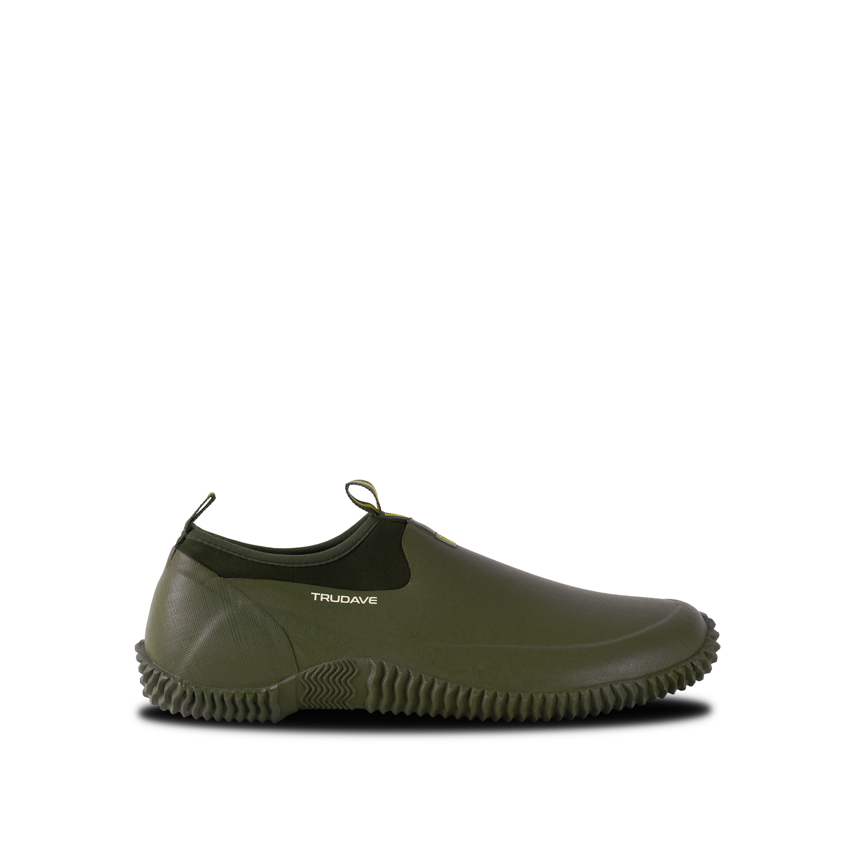 Side view of Trudave GardenStride Series waterproof rubber garden boots in olive green – durable slip-resistant design for gardening and outdoor yard work