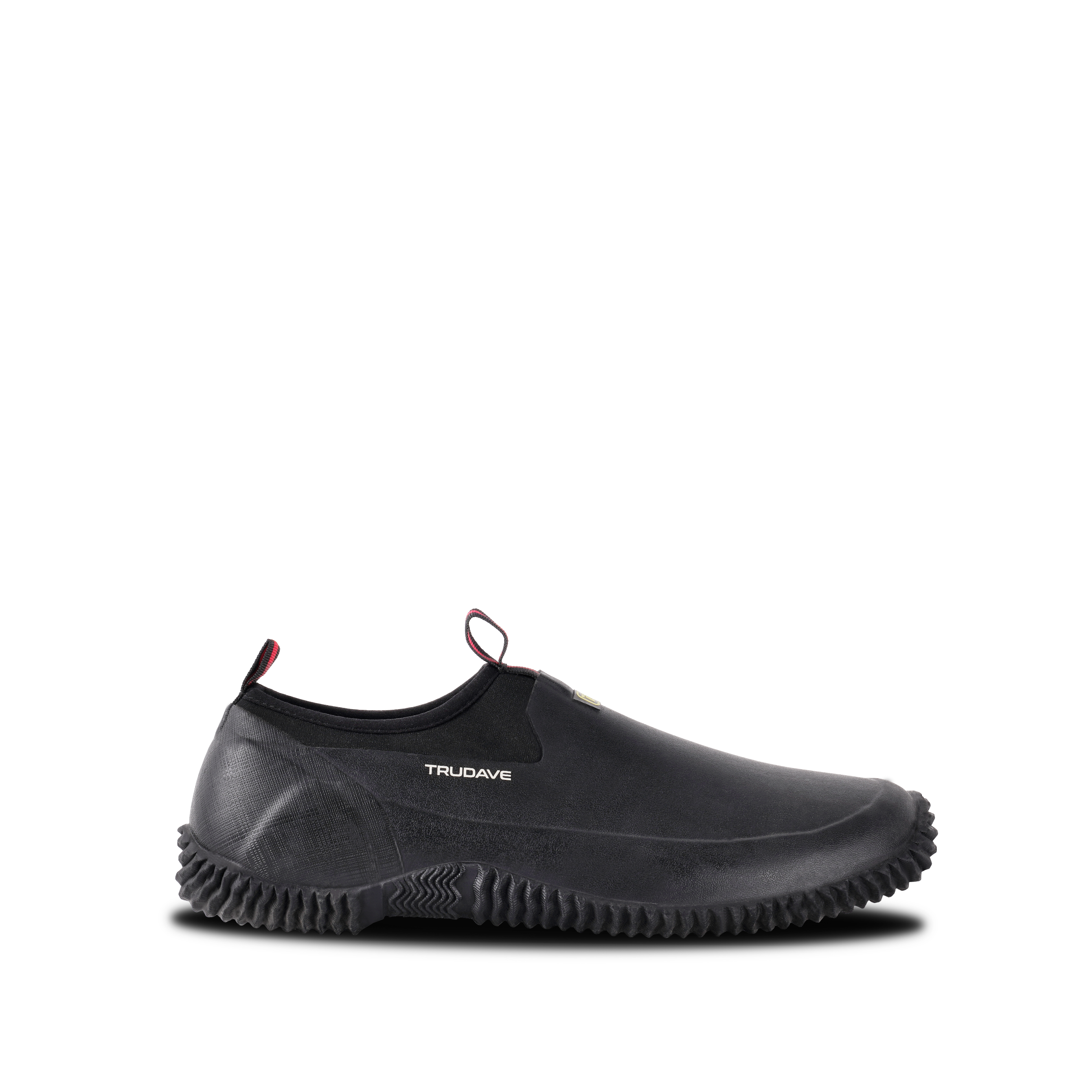 Side view of Trudave GardenStride Series waterproof rubber garden boots in black – durable slip-resistant design for gardening, yard work, and outdoor chores