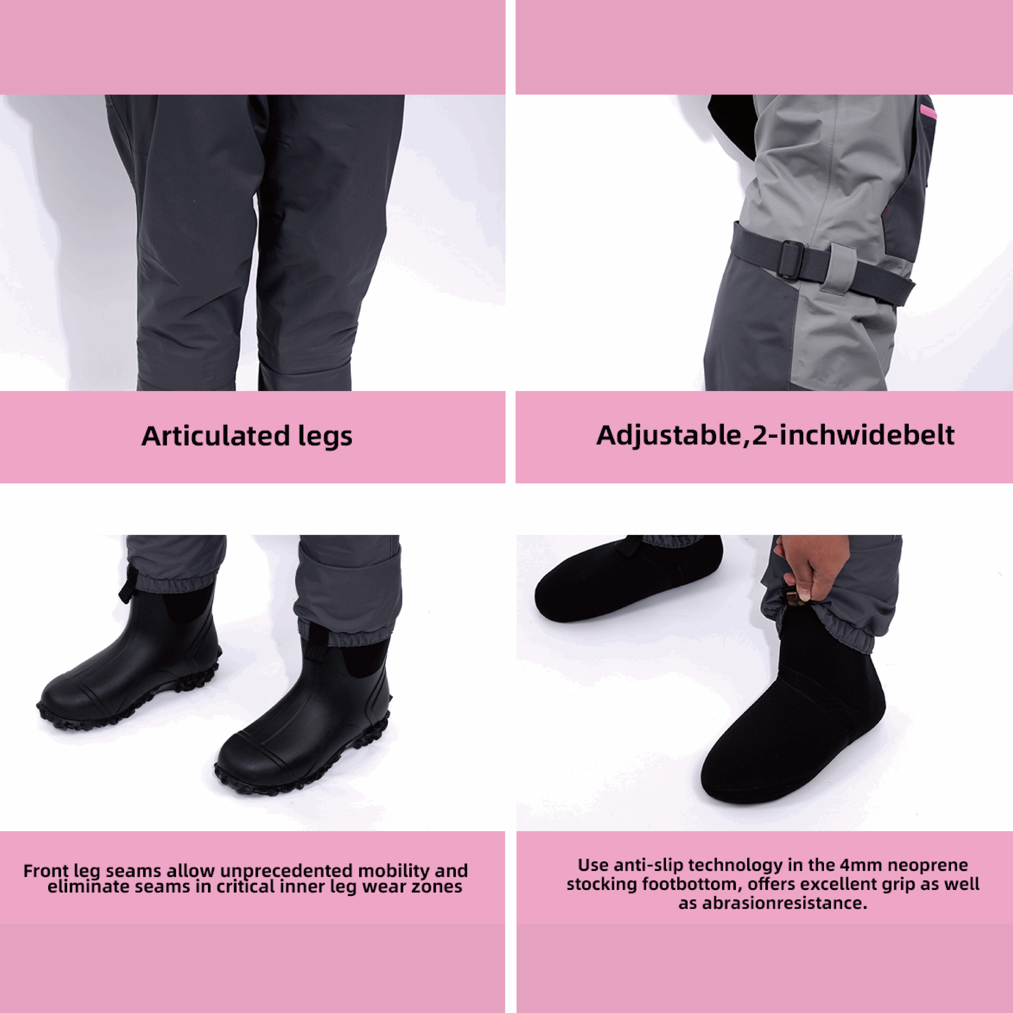 Trudave FemmeFlow Series women’s waterproof breathable fishing chest waders with articulated legs for enhanced mobility, front leg seams for comfort, and 4mm neoprene stocking feet featuring anti-slip and abrasion-resistant technology for superior grip and durability.