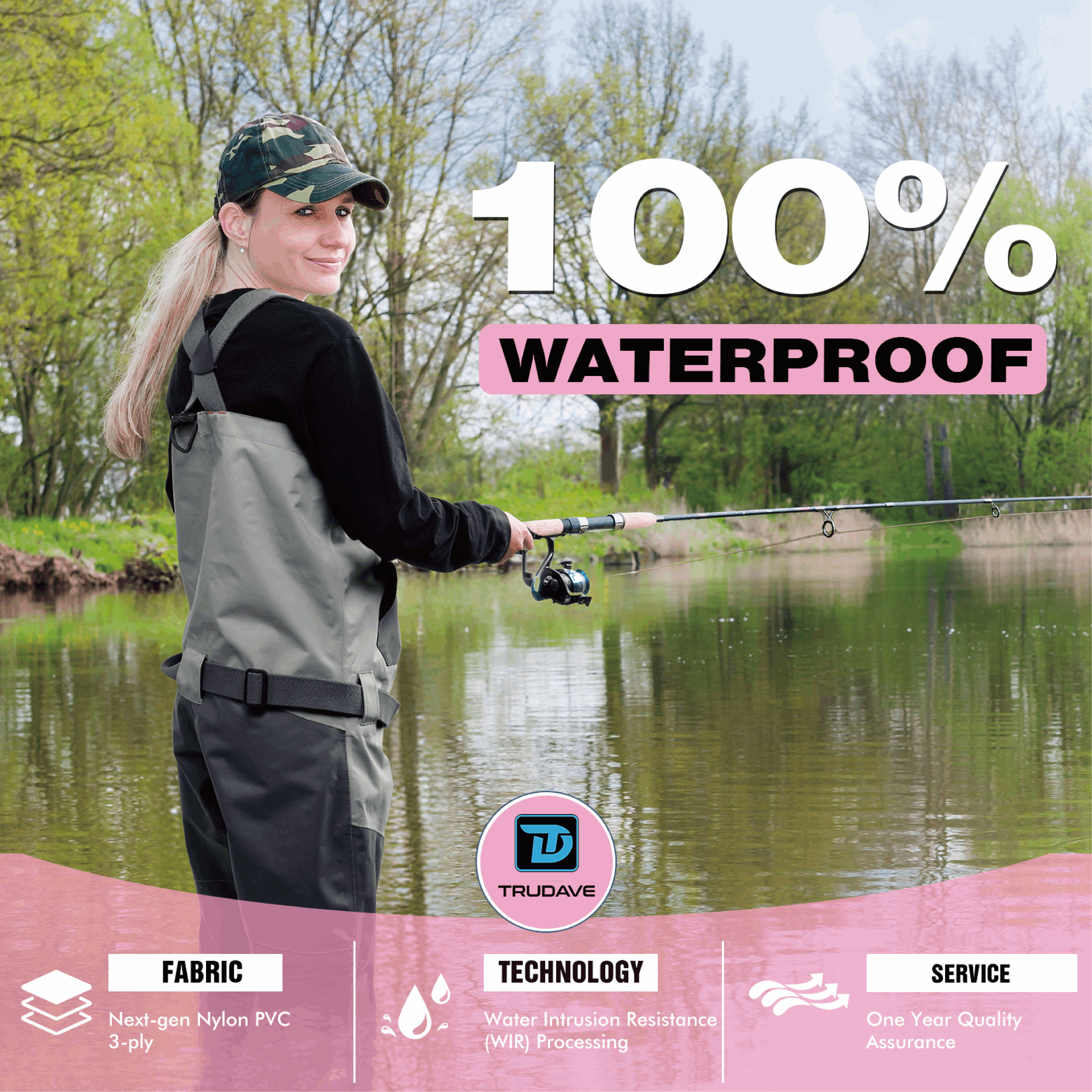 Trudave FemmeFlow Series women’s waterproof breathable fishing chest waders with next-gen nylon PVC 3-ply fabric, WIR water intrusion resistance technology, and adjustable straps—perfect for fly fishing, river fishing, and outdoor water activities