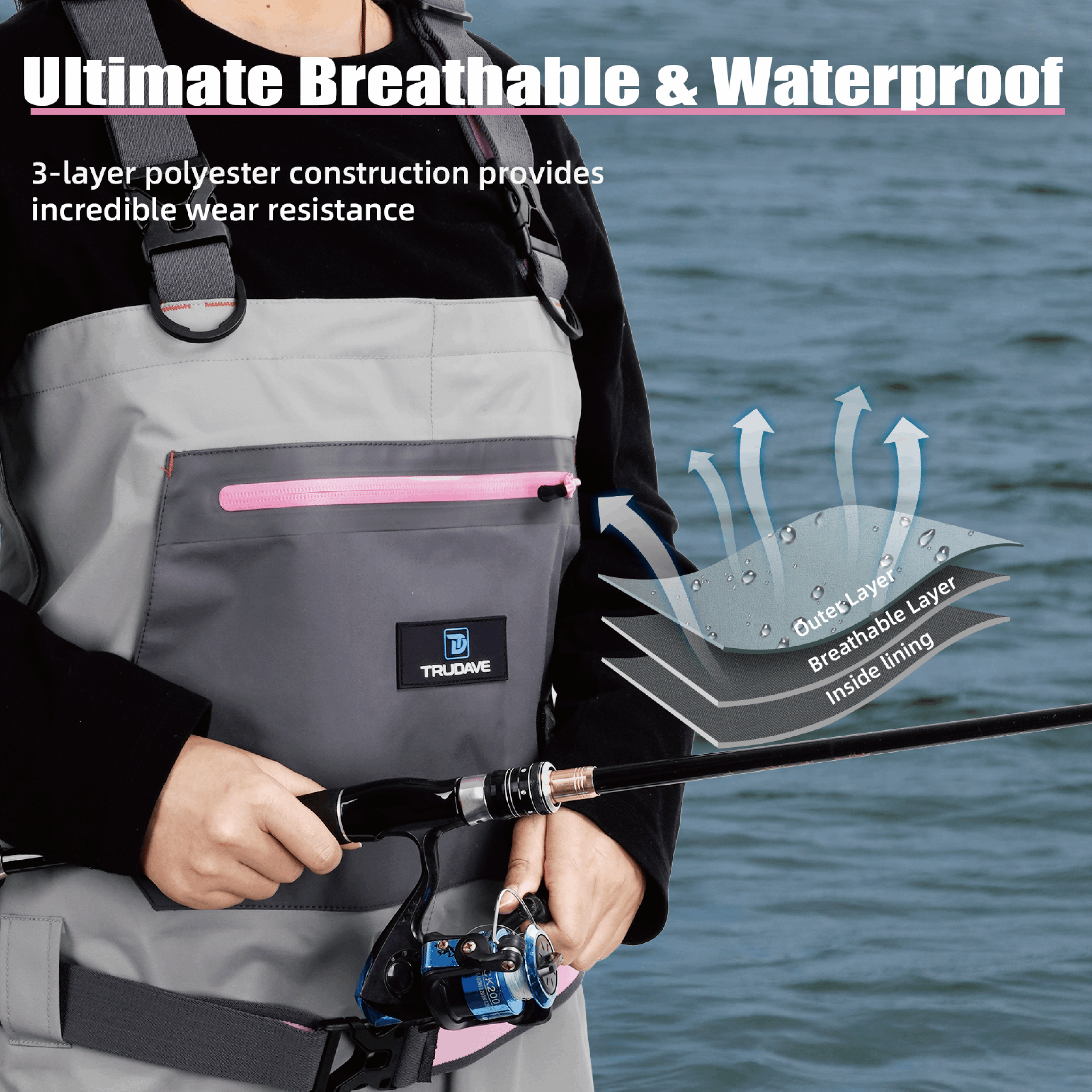Trudave FemmeFlow Series women’s ultra waterproof and breathable fishing chest waders, crafted with abrasion-resistant 3-ply nylon PVC fabric and advanced WIR sealing technology for maximum durability and comfort in all-day fishing conditions.