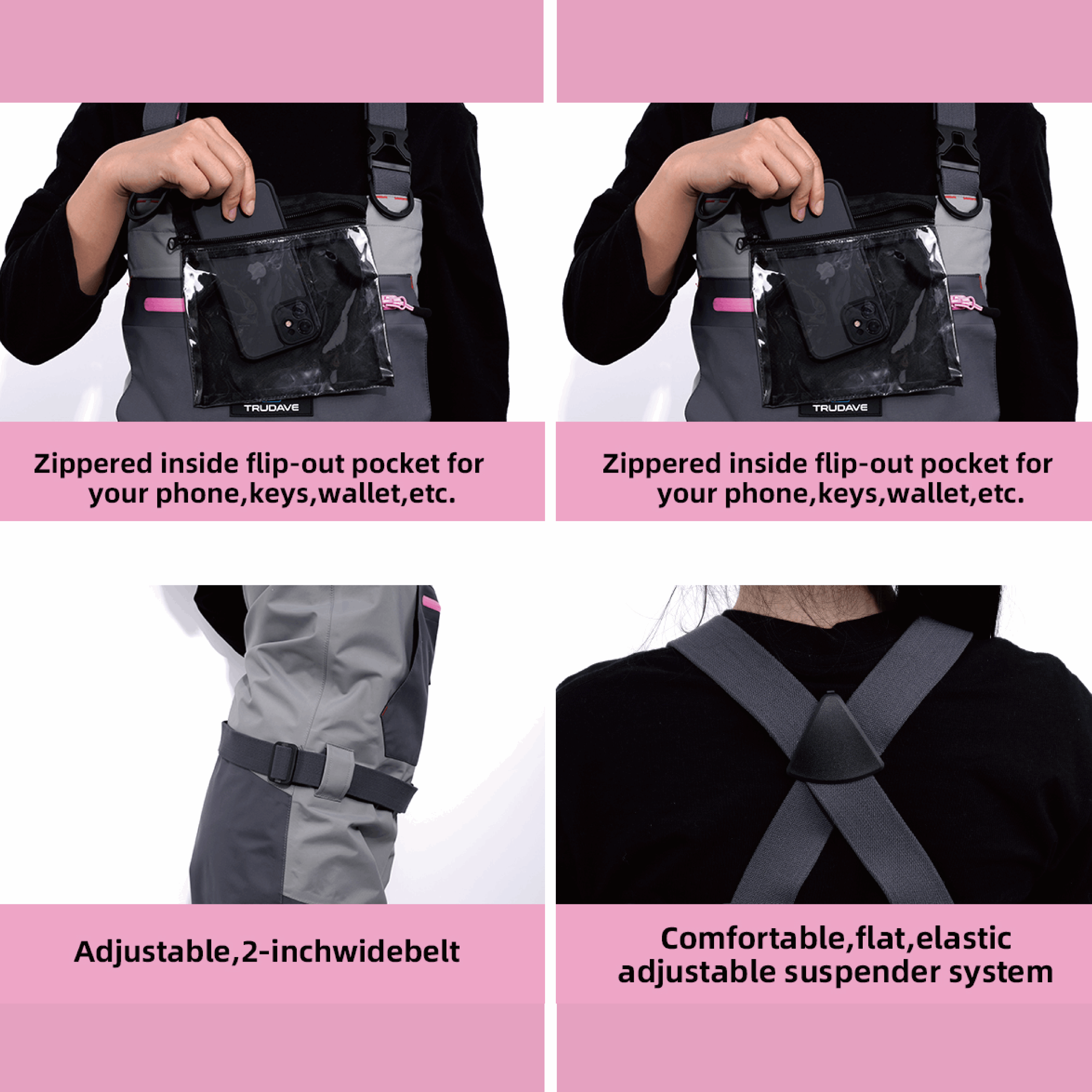 Trudave FemmeFlow Series women’s waterproof breathable fishing chest waders featuring a zippered inside flip-out pocket for phone, keys, and wallet, a 2-inch adjustable waist belt, and flat elastic suspenders for secure, comfortable fit during fishing adventures.