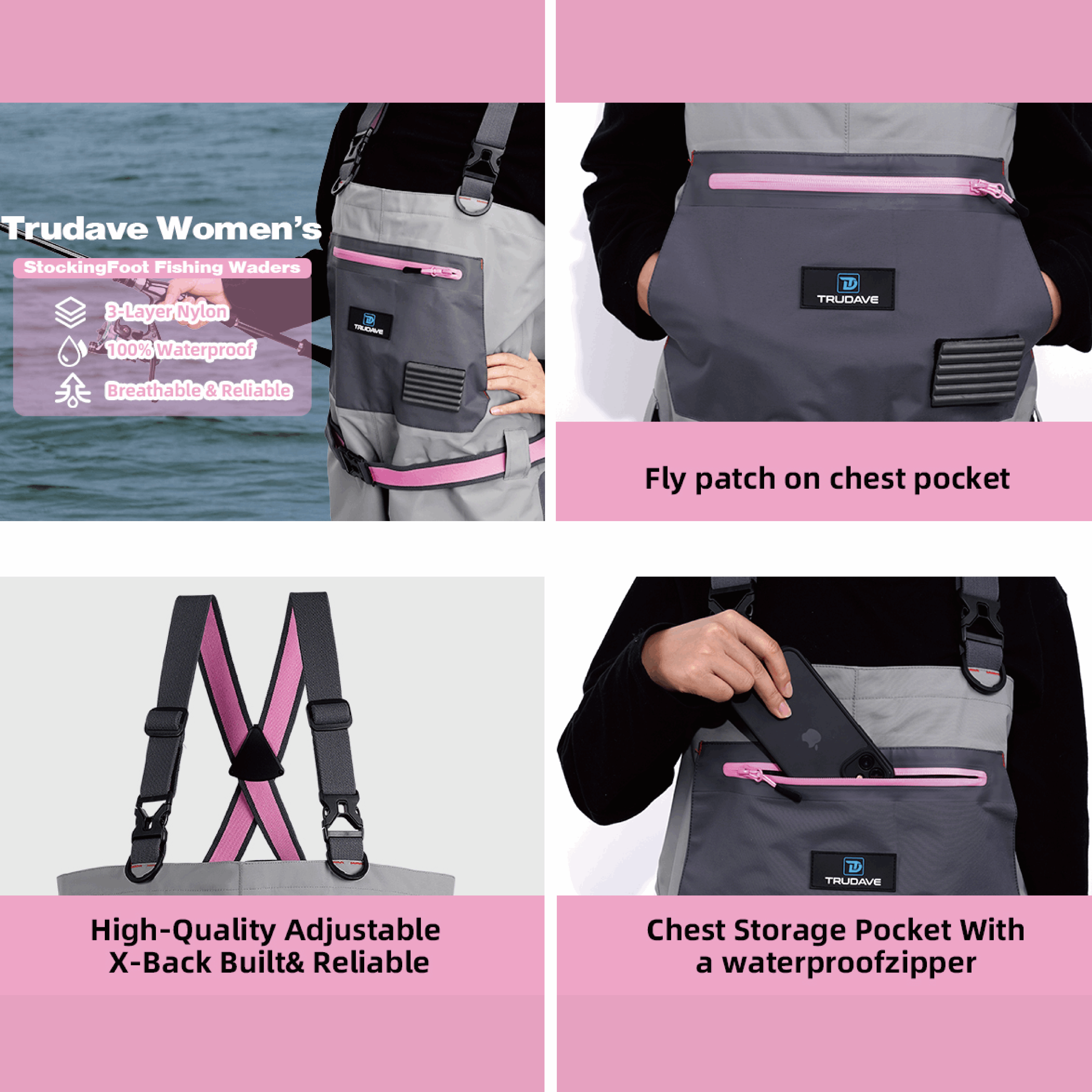 Trudave FemmeFlow Series women’s waterproof breathable stockingfoot fishing waders with a durable 3-layer nylon construction, waterproof chest storage pocket with zipper, fly patch, and high-quality adjustable X-back suspenders for reliable comfort and performance.