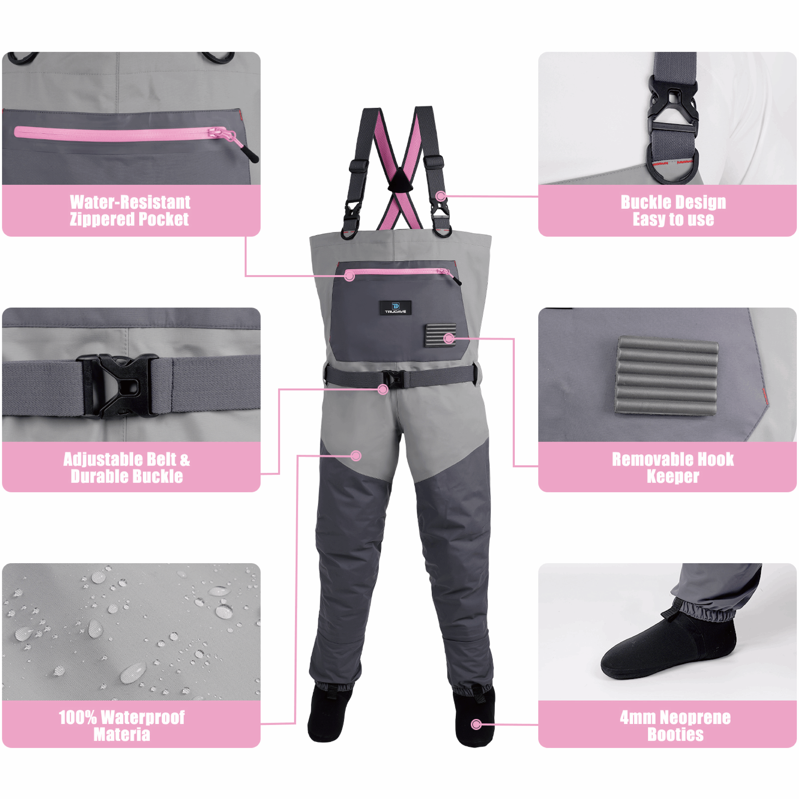 Trudave FemmeFlow Series women’s waterproof breathable fishing chest waders featuring a water-resistant zippered pocket, adjustable belt with durable buckle, easy-to-use buckle design, removable hook keeper, and 100% waterproof 4mm neoprene booties—ideal for women anglers seeking comfort, durability, and full waterproof protection