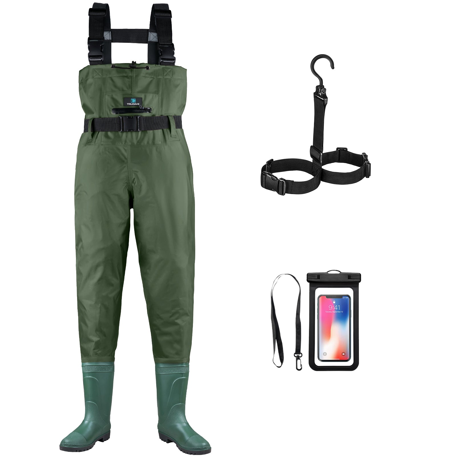 Trudave AnglerPro Series lightweight waterproof fishing chest waders with boots in green color, front view showing durable design, full waterproof protection, and comfortable fit—ideal fishing gear for anglers seeking reliable performance in all-weather conditions.