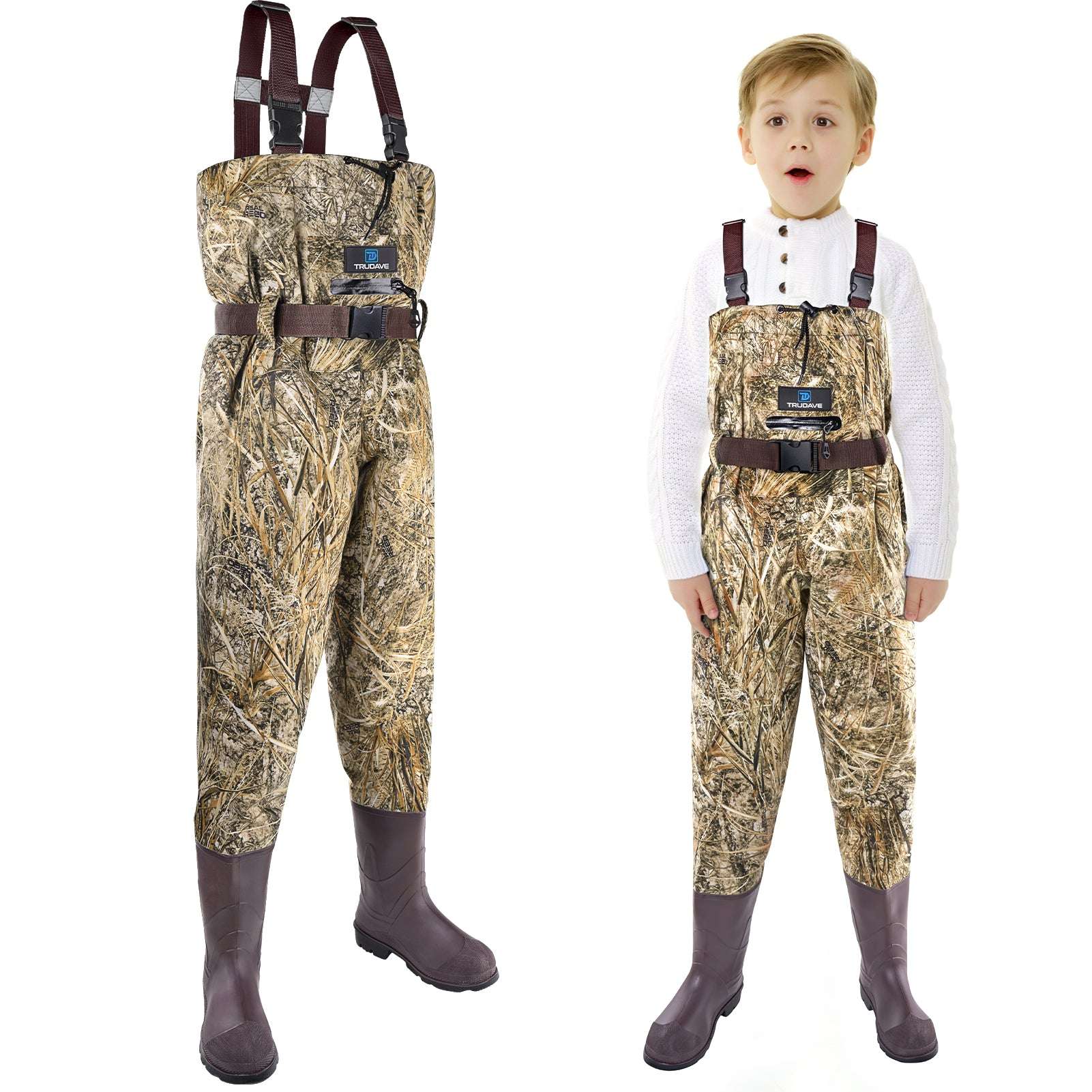 Trudave Splash Youth Series kids’ waterproof chest waders with boots in Real Reed camo, front view showing durable lightweight design for fishing and hunting, providing full waterproof protection and comfort for outdoor adventures