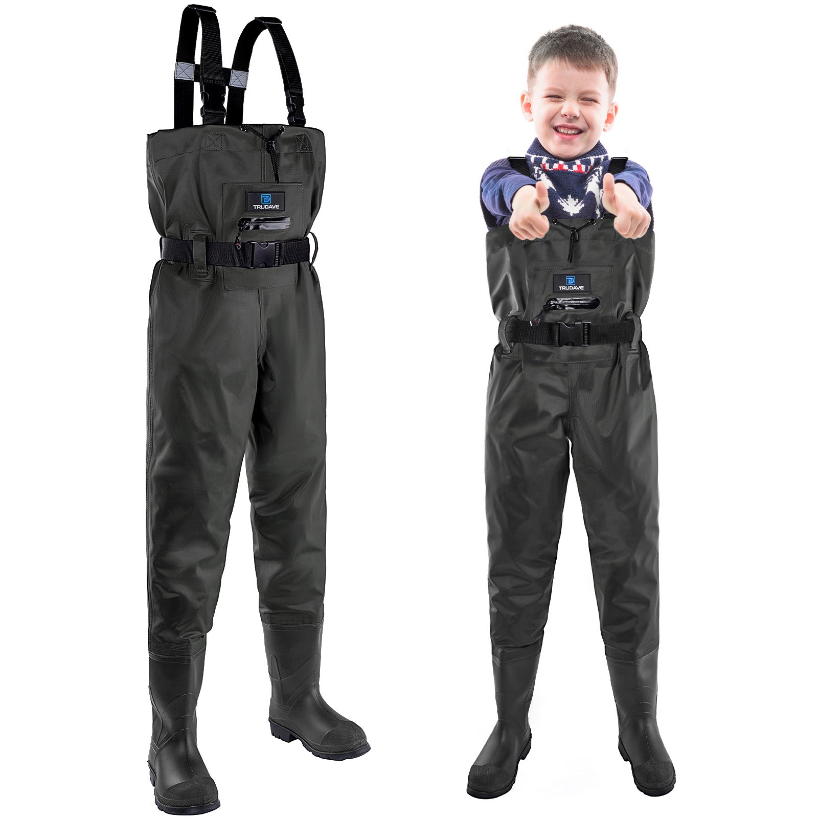 Trudave Splash Youth Series kids’ waterproof chest waders with boots in black front view showing durable lightweight design for fishing and hunting, providing full waterproof protection and comfort for outdoor adventures