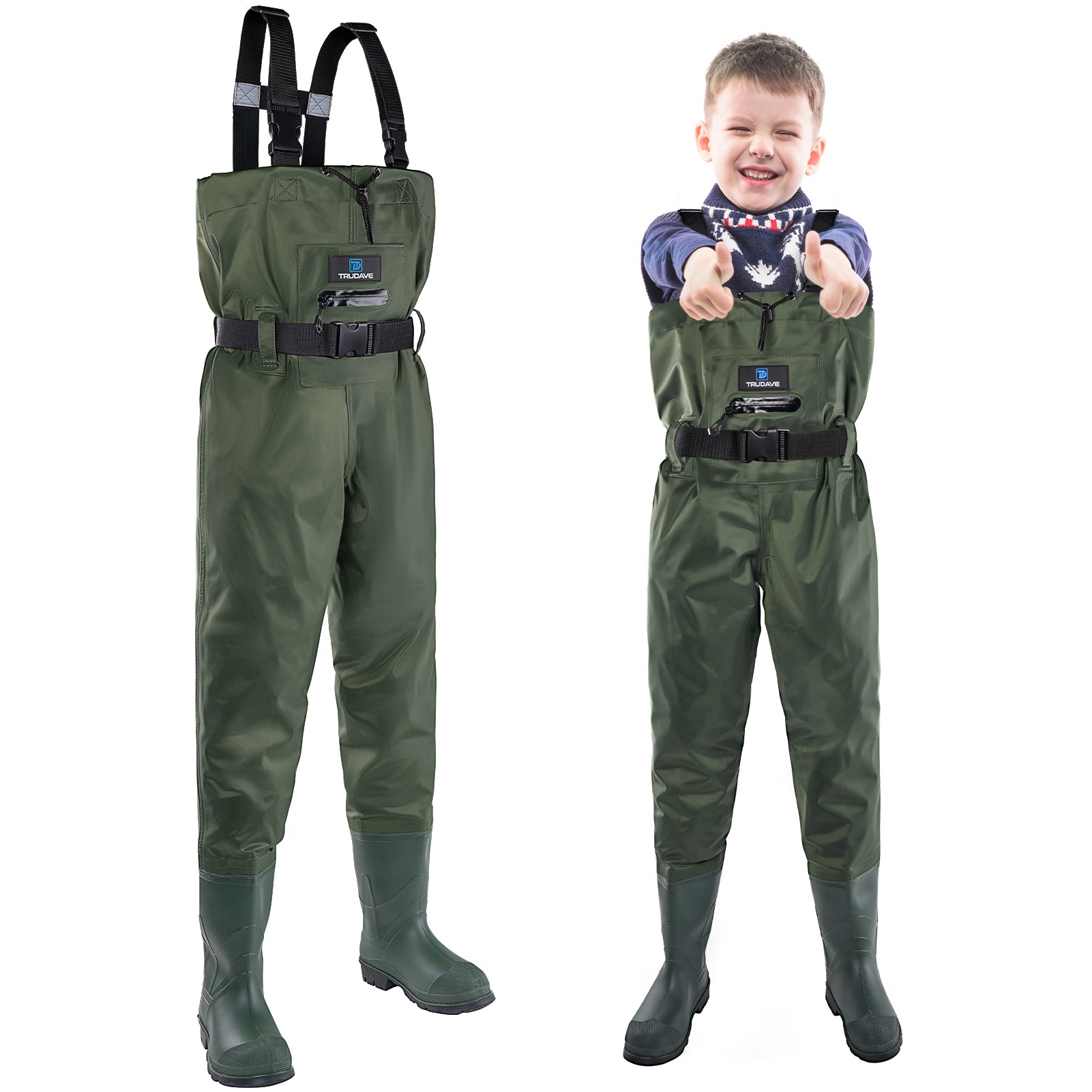 Trudave Splash Youth Series kids’ waterproof chest waders with boots in green, front view showing durable lightweight design for fishing and hunting, providing full waterproof protection and comfort for outdoor adventures