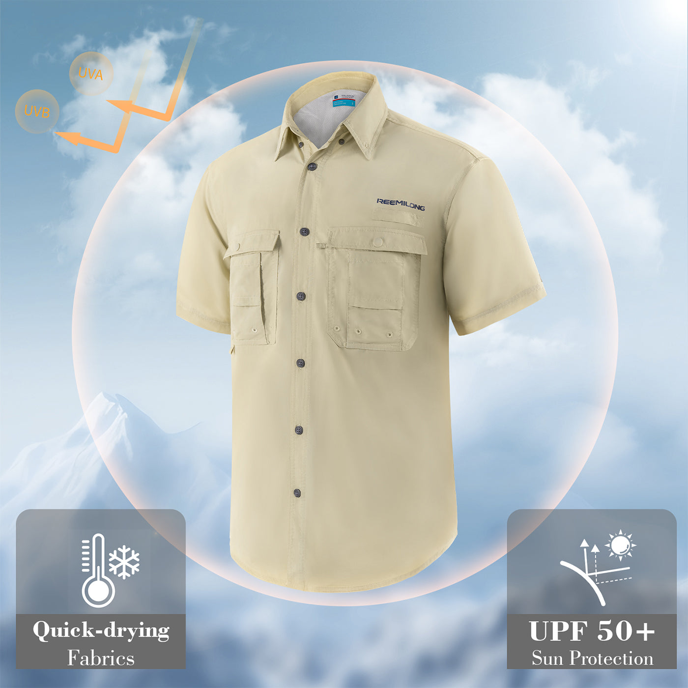 Front view of Trudave AquaShield Series men’s lightweight quick-dry fishing shirt in beige – white background product image showing breathable quick-dry fabric for outdoor fishing comfort
