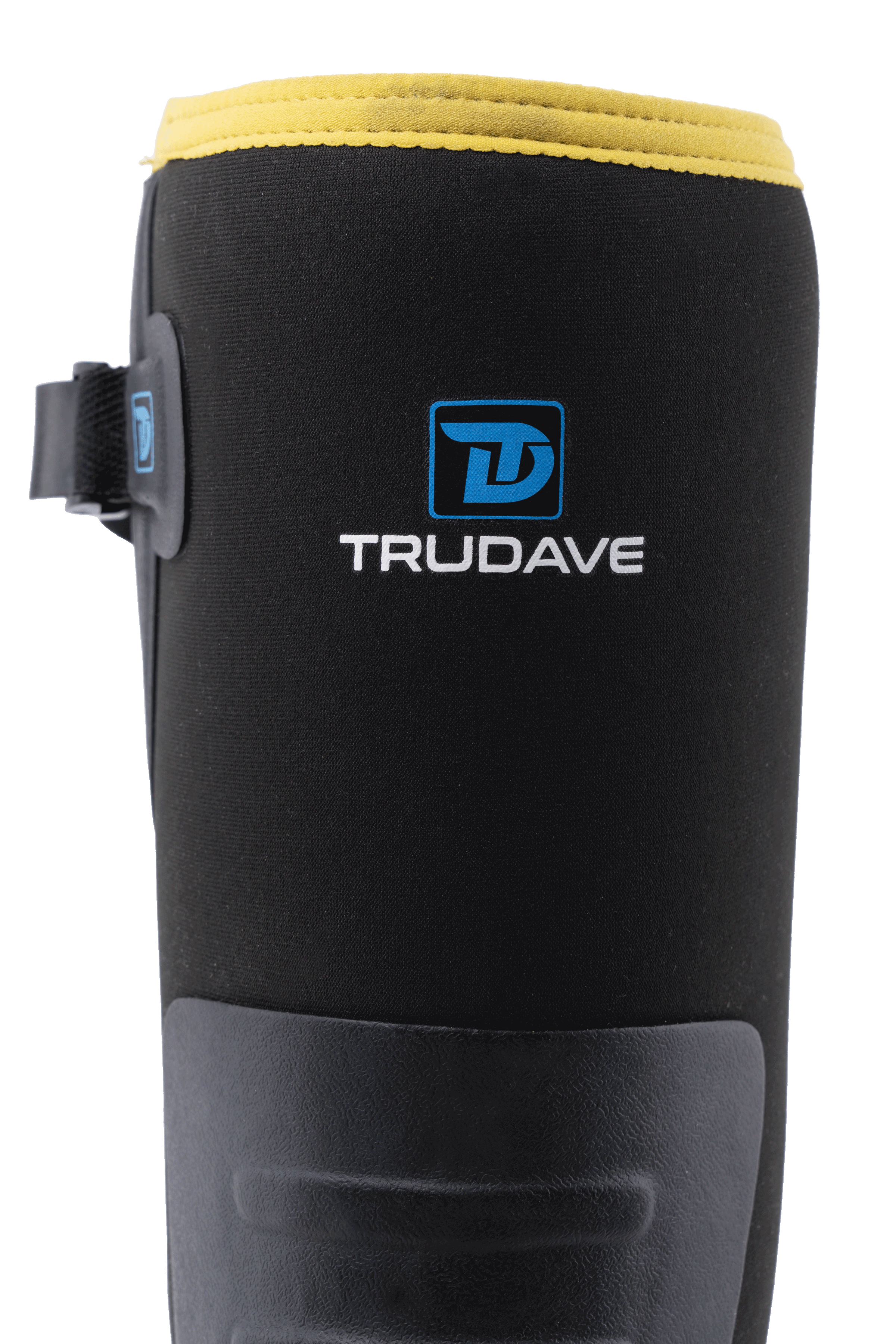 alt="Close-up of Trudave ForgeStep Series men’s tall waterproof steel toe work boots showing reinforced boot shaft with yellow collar detail for durability, protection, and comfort in outdoor work"
