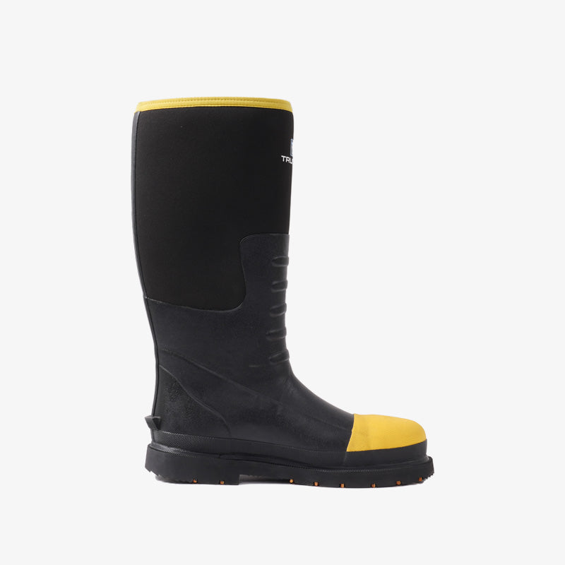 Side view of Trudave Men’s Tall Waterproof Steel Toe Work Boots ForgeStep Series in black, highlighting the durable rubber shell, reinforced toe, and slip-resistant sole for all-day protection and comfort.