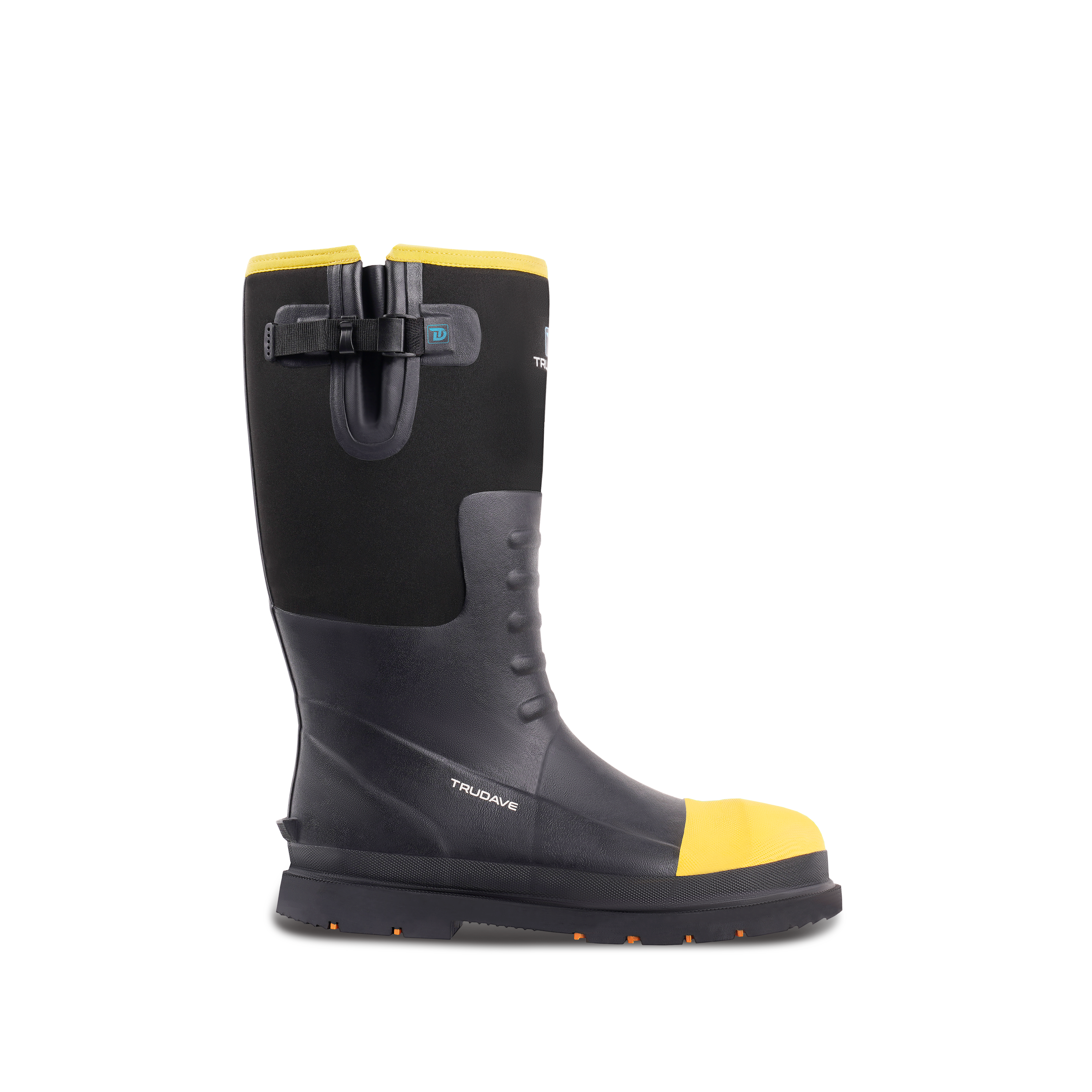 alt="Side view of Trudave ForgeStep Series men’s tall waterproof steel toe work boots in black with yellow toe cap and collar, showing durable construction for industrial and outdoor safety use"