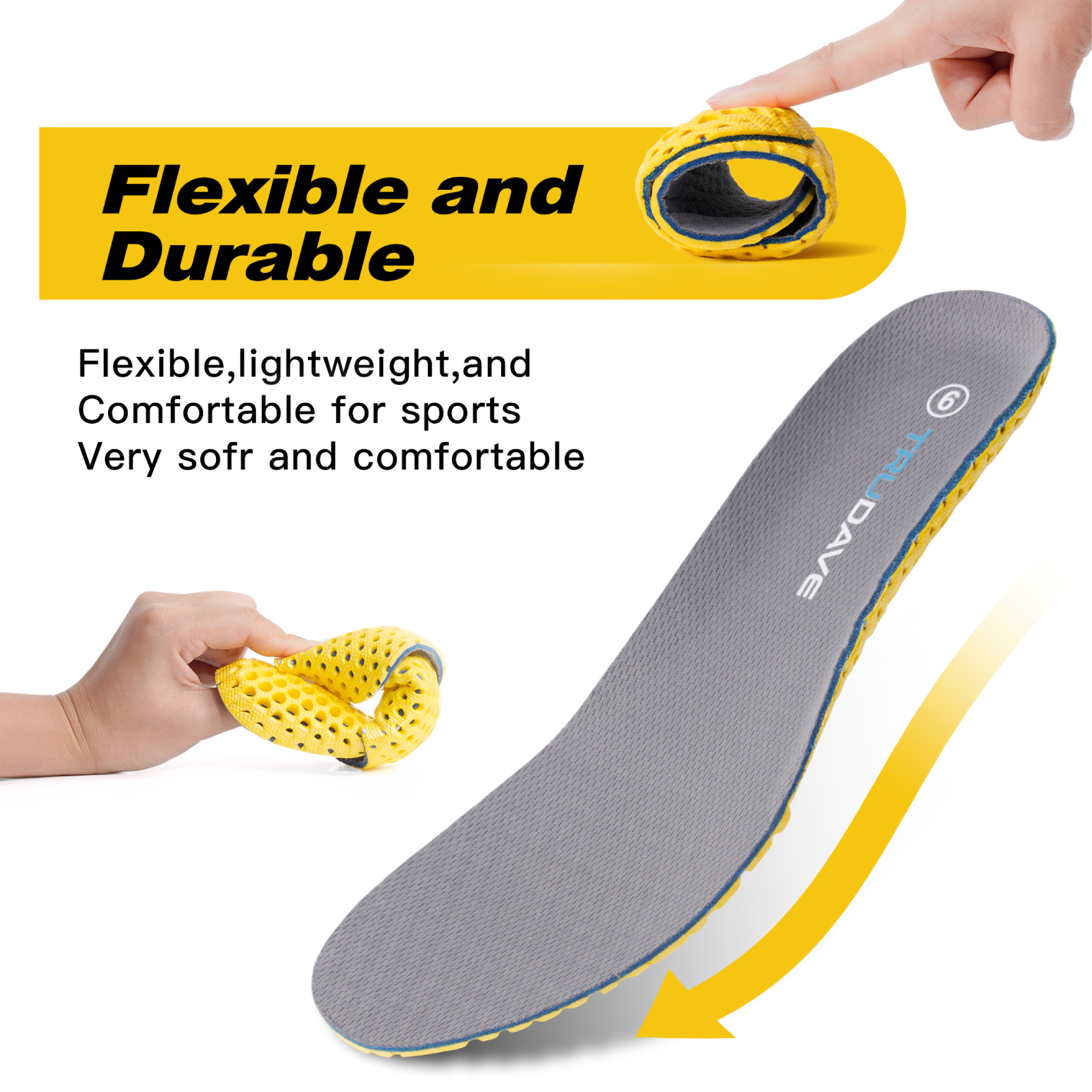 Trudave ToughCush Comfort Insoles – flexible, durable, and lightweight design offering soft cushioning and long-lasting comfort for sports, walking, and daily wear.