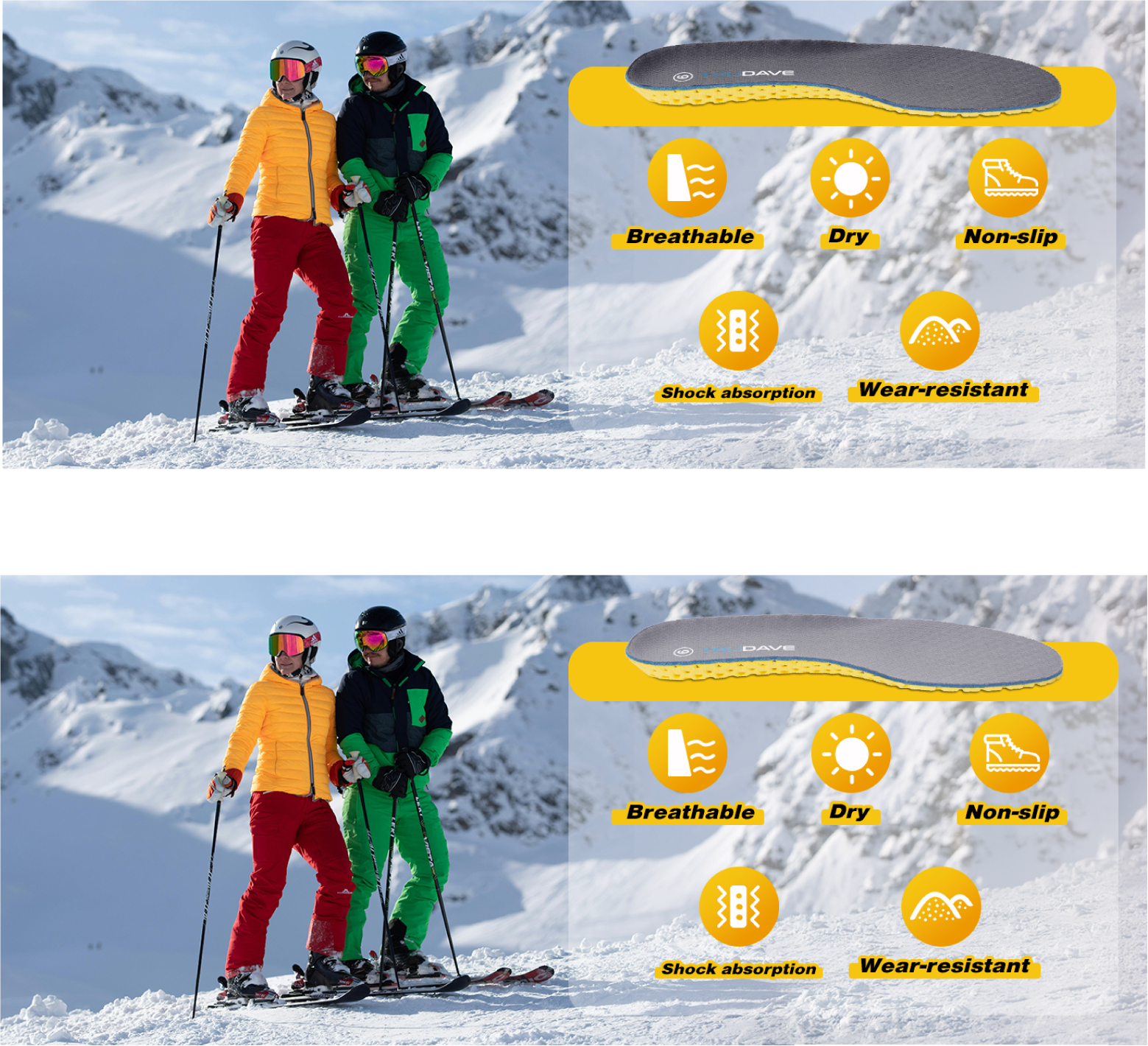 Front view of Trudave ToughCush Comfort Insoles, showing one top and one bottom side, featuring honeycomb EVA cushioning and moisture-wicking top cloth for breathable, all-day support and shock absorption.