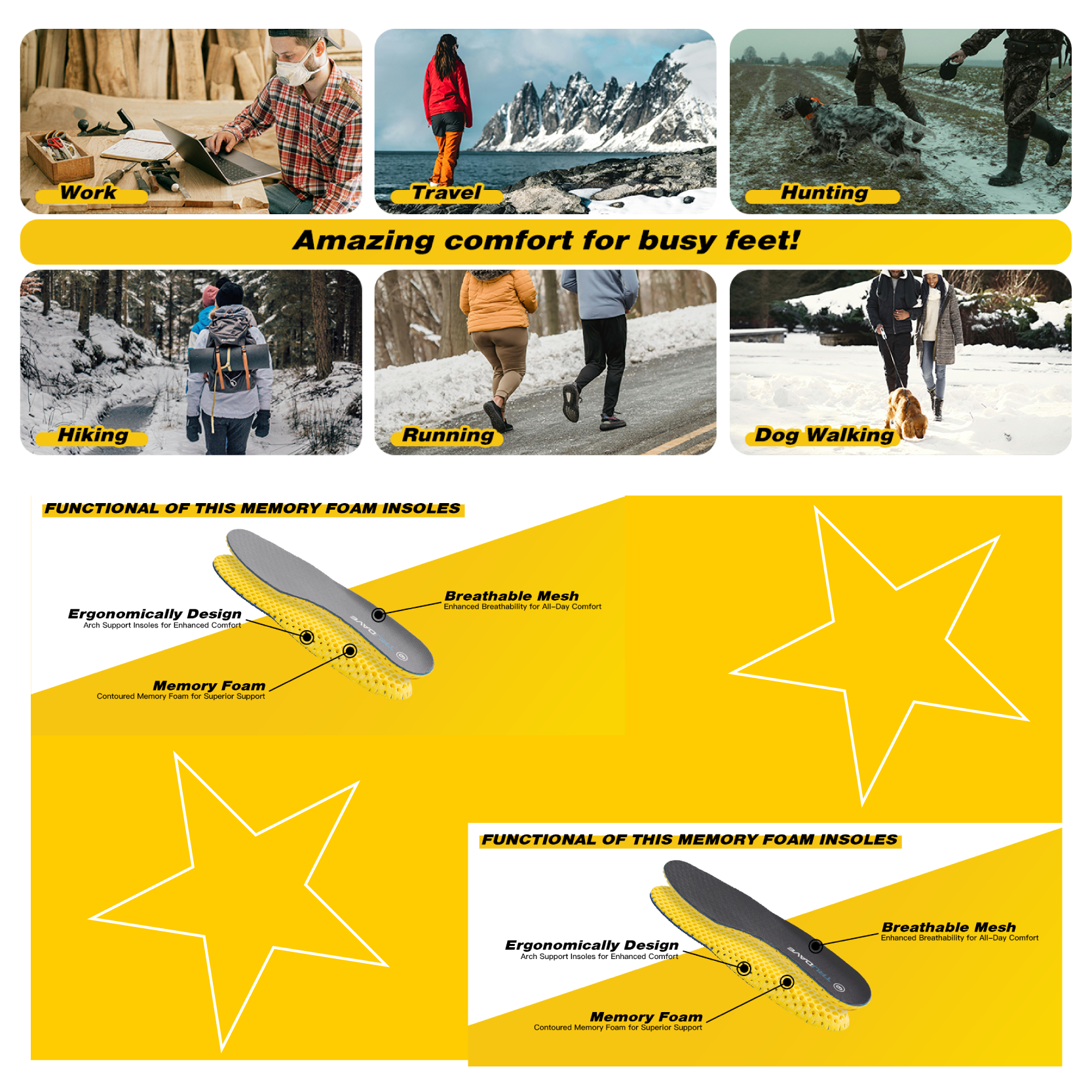 Trudave ToughCush Comfort Insoles used in multiple scenarios including running, hiking, camping, and work, providing breathable cushioning, arch support, and shock absorption for all-day comfort.