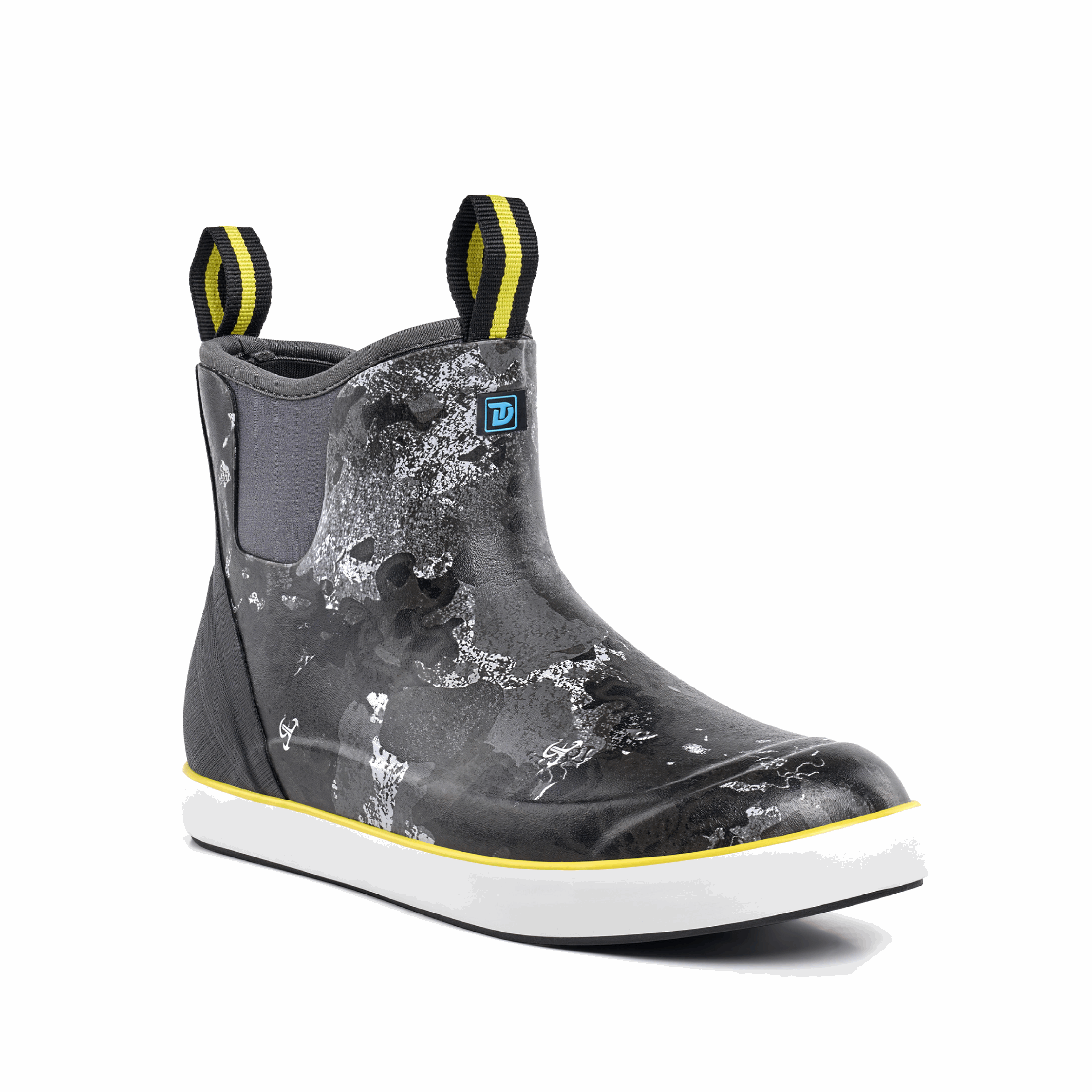 Trudave Men’s WaveLock Series Ankle Waterproof Insulated Deck Boot in black camo pattern, side view showing durable slip-resistant sole and neoprene upper for fishing and boating performance.