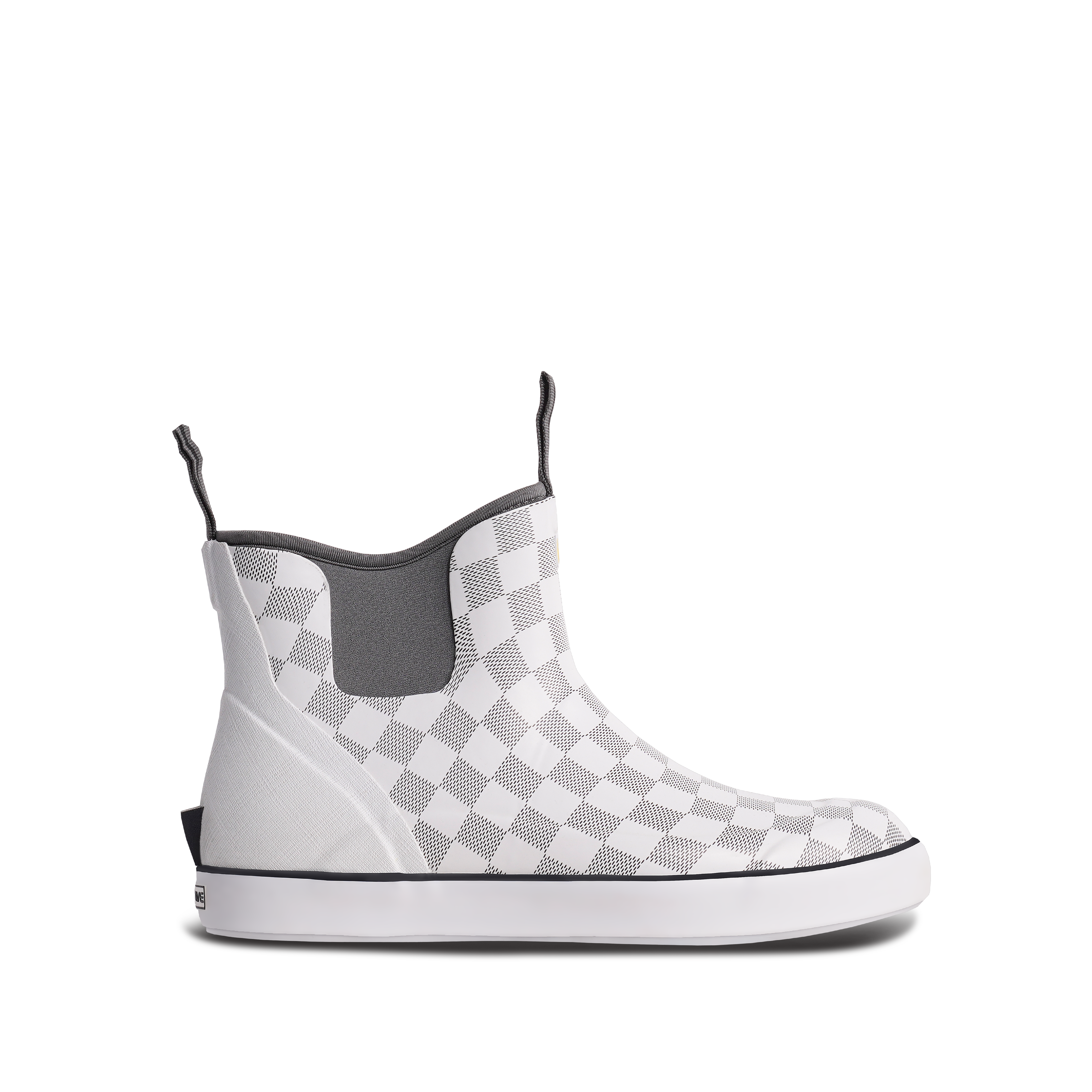Trudave WaveLock Series Men’s White and Gray Plaid Waterproof Insulated Deck Boots – side view non-slip ankle fishing boots