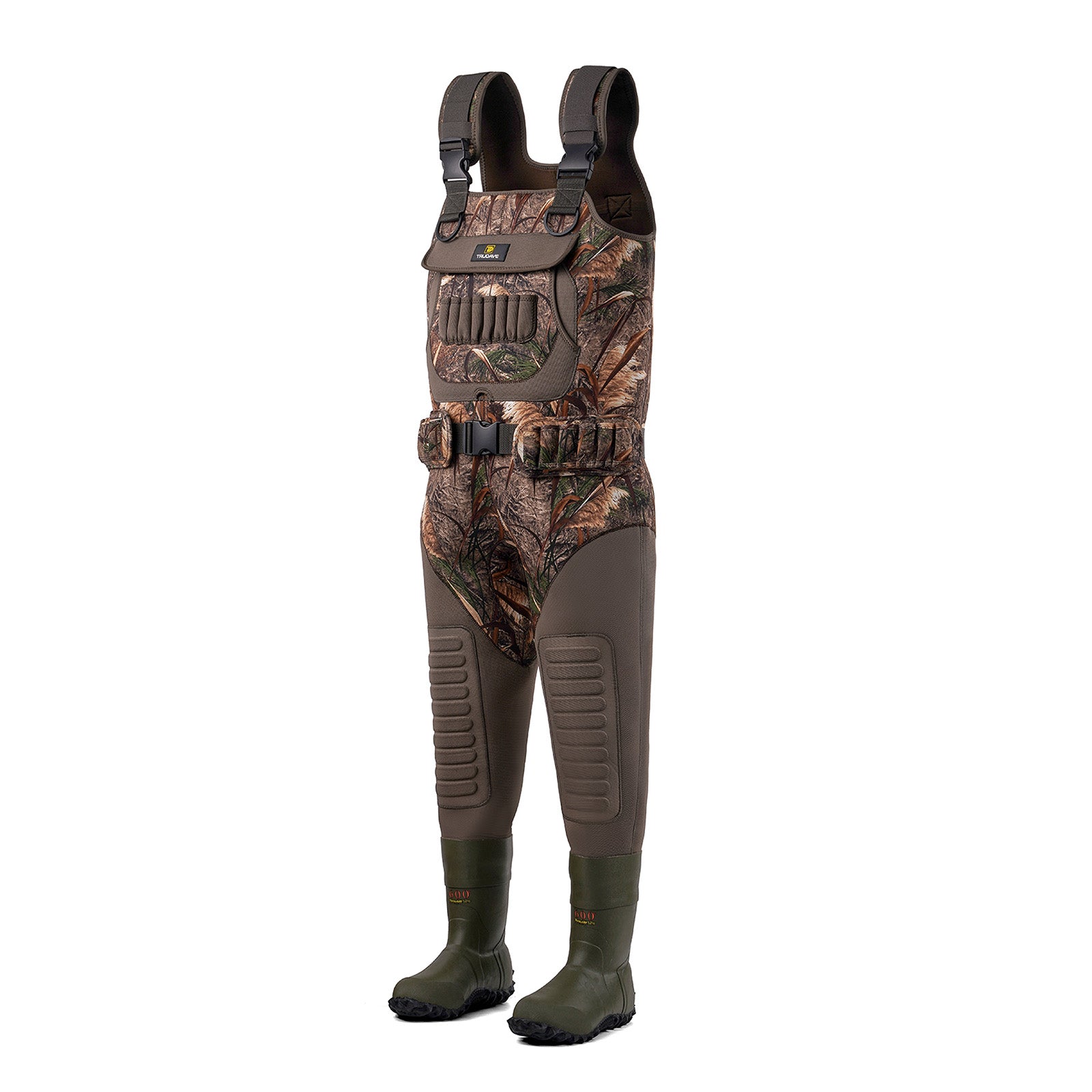 alt="Front view of Trudave FrostTrail Series men’s waterproof neoprene hunting chest waders with boots in Real Reed camo showing full-body waterproof coverage, reinforced seams, adjustable suspenders, and durable boot attachment designed for duck hunting and outdoor waterfowl use"

