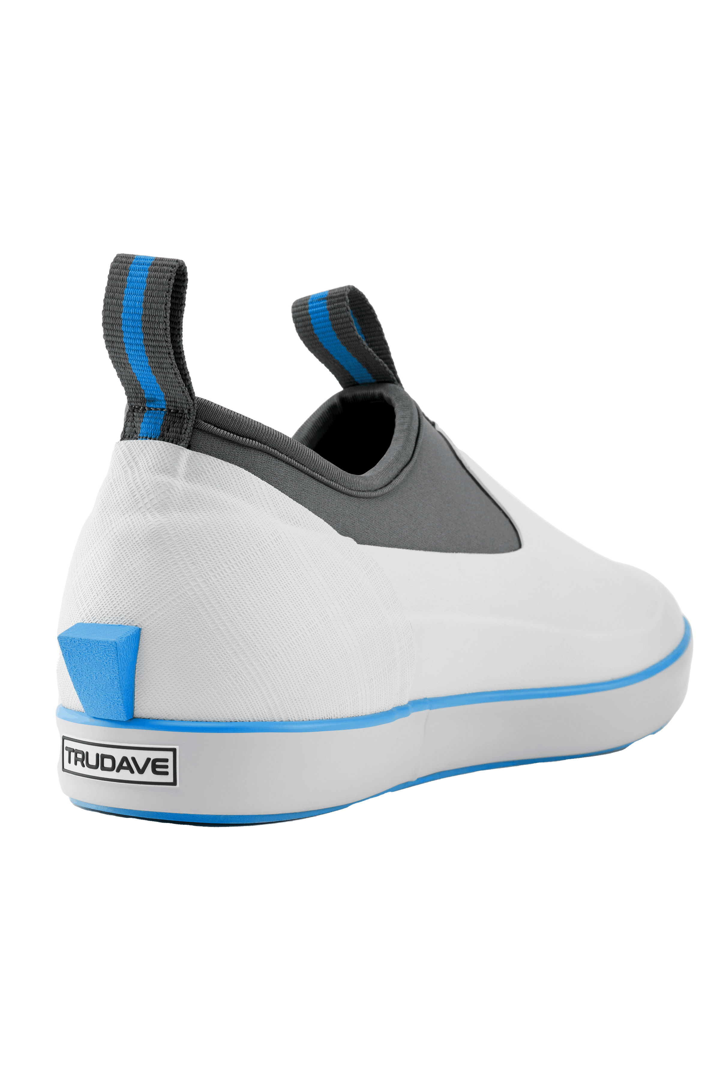 Side view of Trudave NeopreneTrek Series white waterproof slip-on fishing deck boots featuring durable rubber construction, neoprene lining, and non-slip sole for superior traction on wet surfaces.