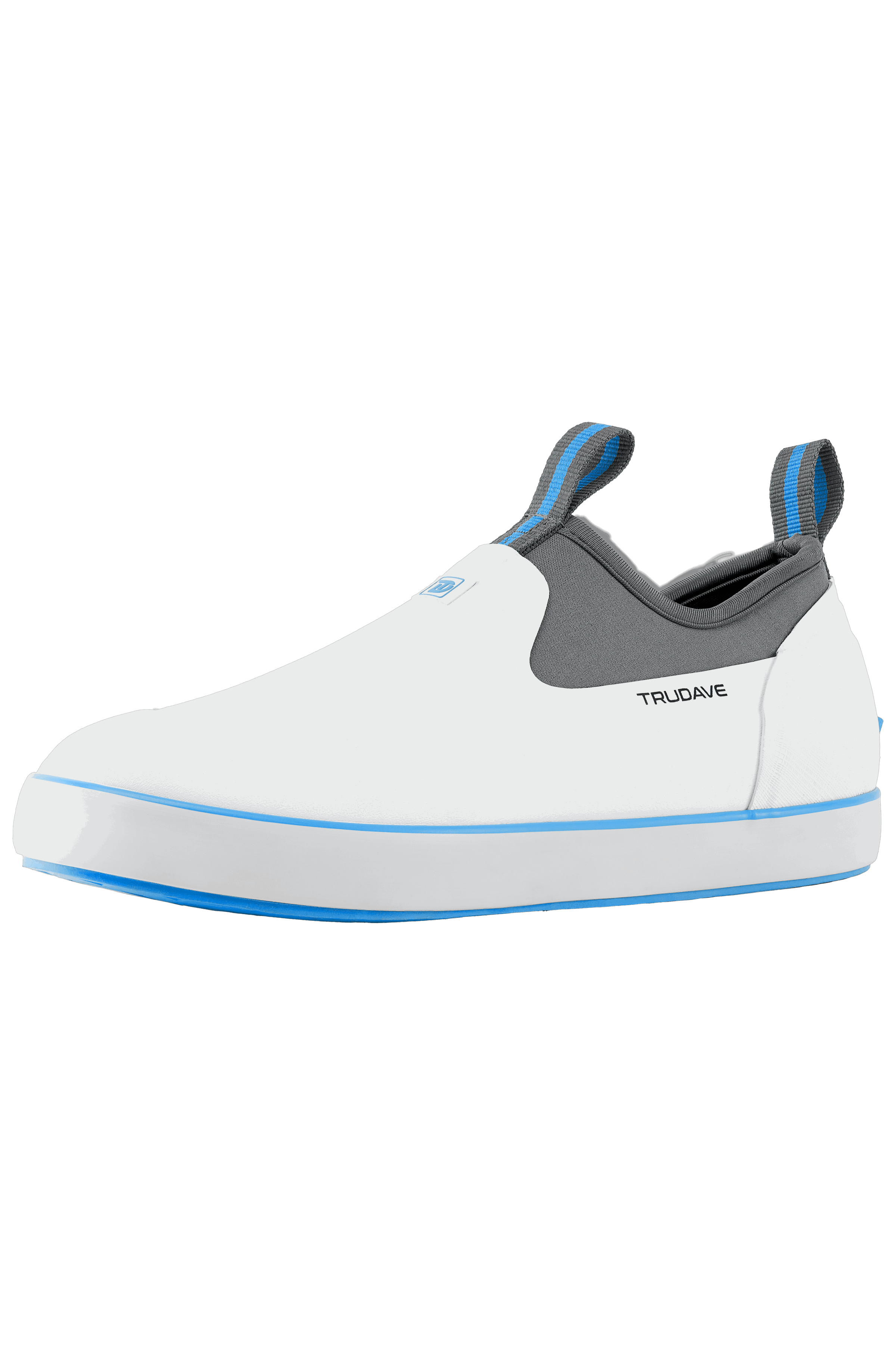 Side view of Trudave NeopreneTrek Series white waterproof slip-on fishing deck boots featuring durable rubber construction, neoprene lining, and non-slip sole for superior traction on wet surfaces.
