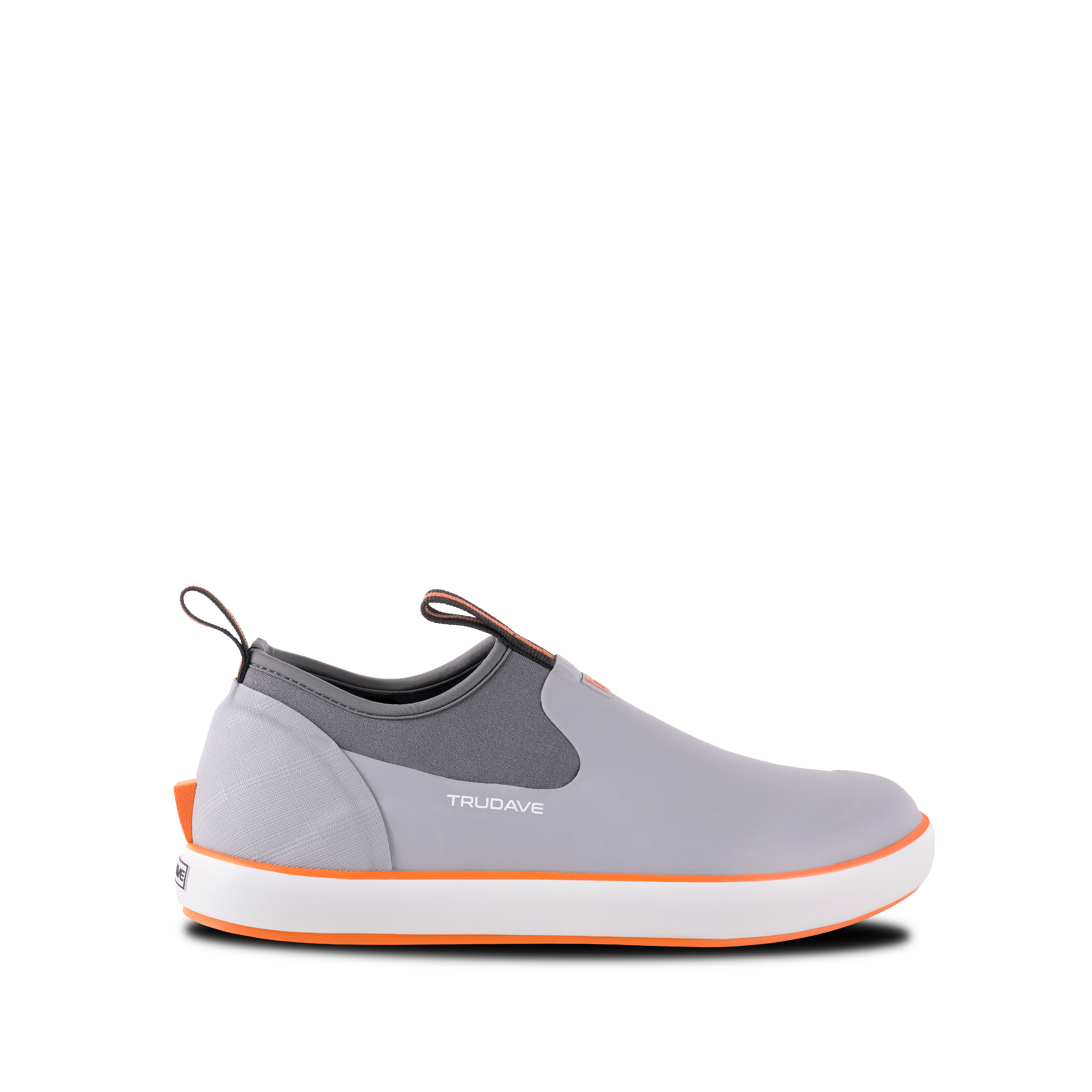 Side view of Trudave NeopreneTrek Series grey waterproof slip-on fishing deck boots featuring durable rubber construction, neoprene lining, and non-slip sole for superior traction on wet surfaces.