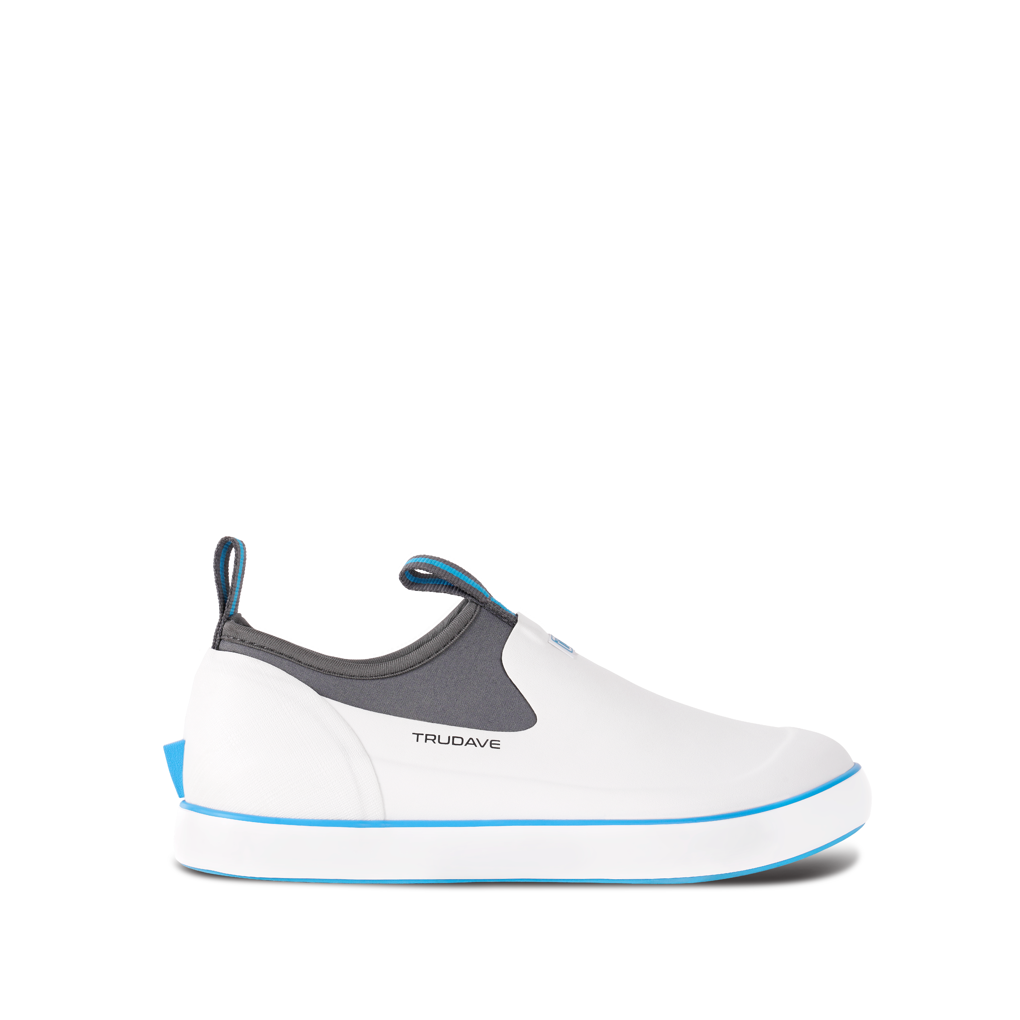 Side view of Trudave NeopreneTrek Series white waterproof slip-on fishing deck boots featuring durable rubber construction, neoprene lining, and non-slip sole for superior traction on wet surfaces.
