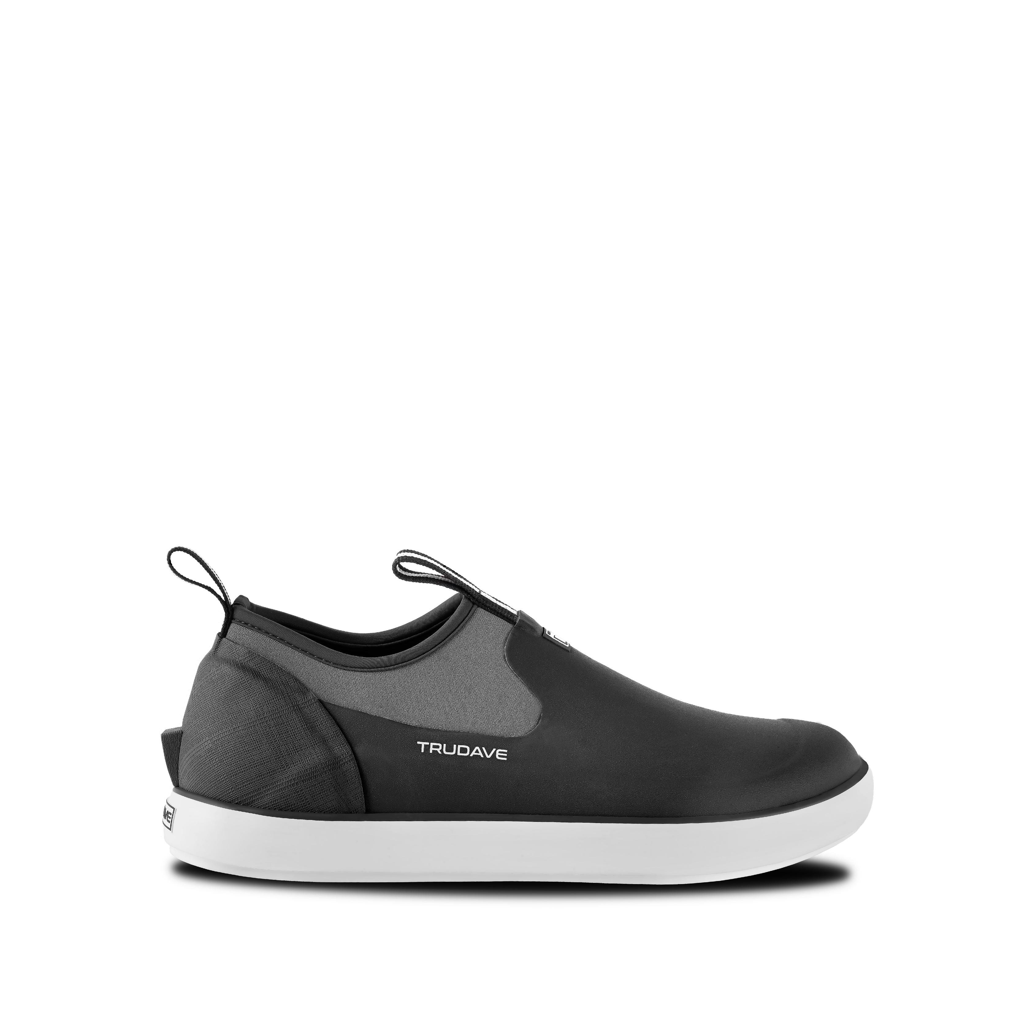 Side view of Trudave NeopreneTrek Series black waterproof slip-on fishing deck boots featuring durable rubber construction, neoprene lining, and non-slip sole for superior traction on wet surfaces.