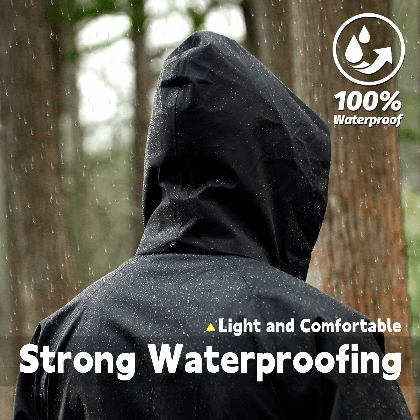 Trudave TrailBlaze Series Men’s Waterproof Rain Suit close-up image highlighting 100% waterproof fabric and sealed seams for superior rain protection in outdoor conditions.