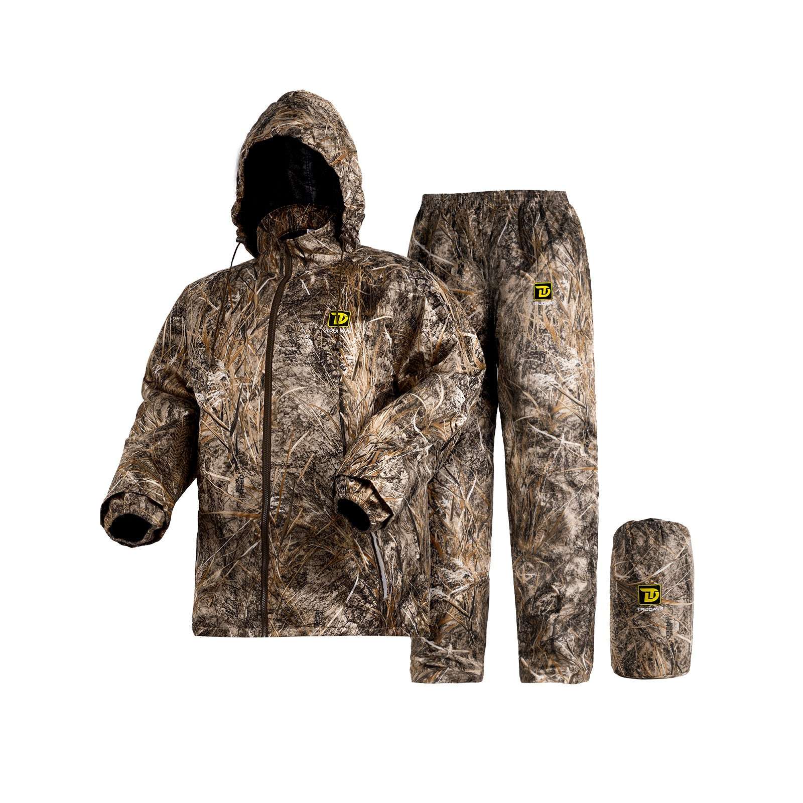Trudave TrailBlaze Series Men’s Waterproof Breathable 2-Piece Rain Suit in Real Reed Camo – front view showcasing durable waterproof jacket and pants for outdoor hunting, fishing, and hiking protection