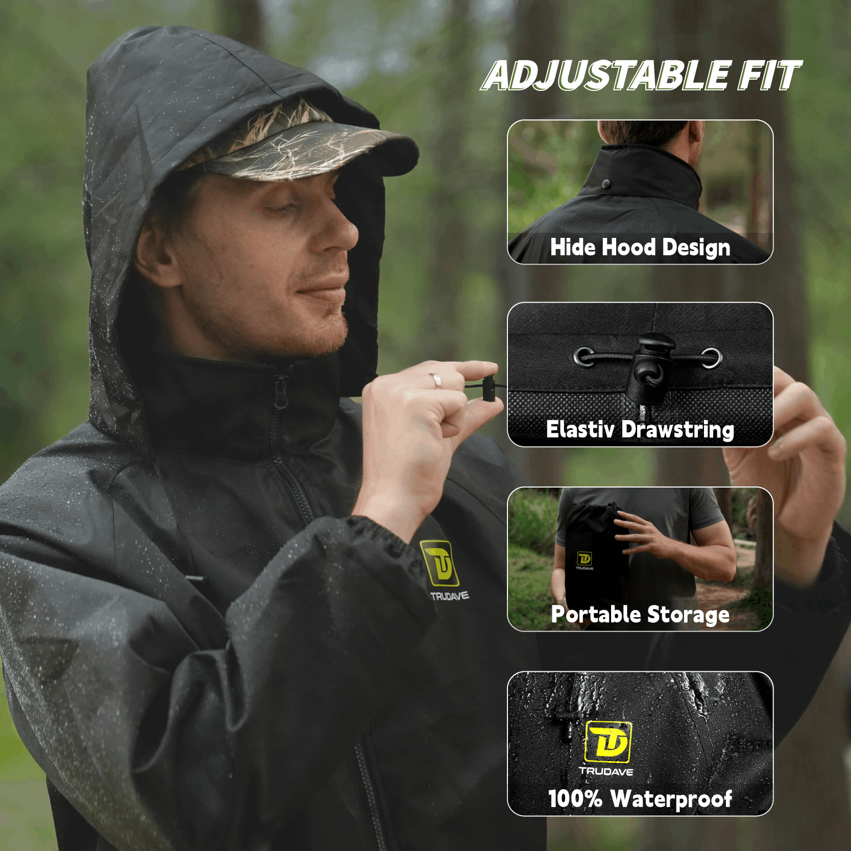 Close-up details of Trudave TrailBlaze Series Men’s 100% Waterproof Rain Suit – featuring adjustable fit, hide hood design, elastic drawstring, and portable storage system for outdoor hunting and fishing performance