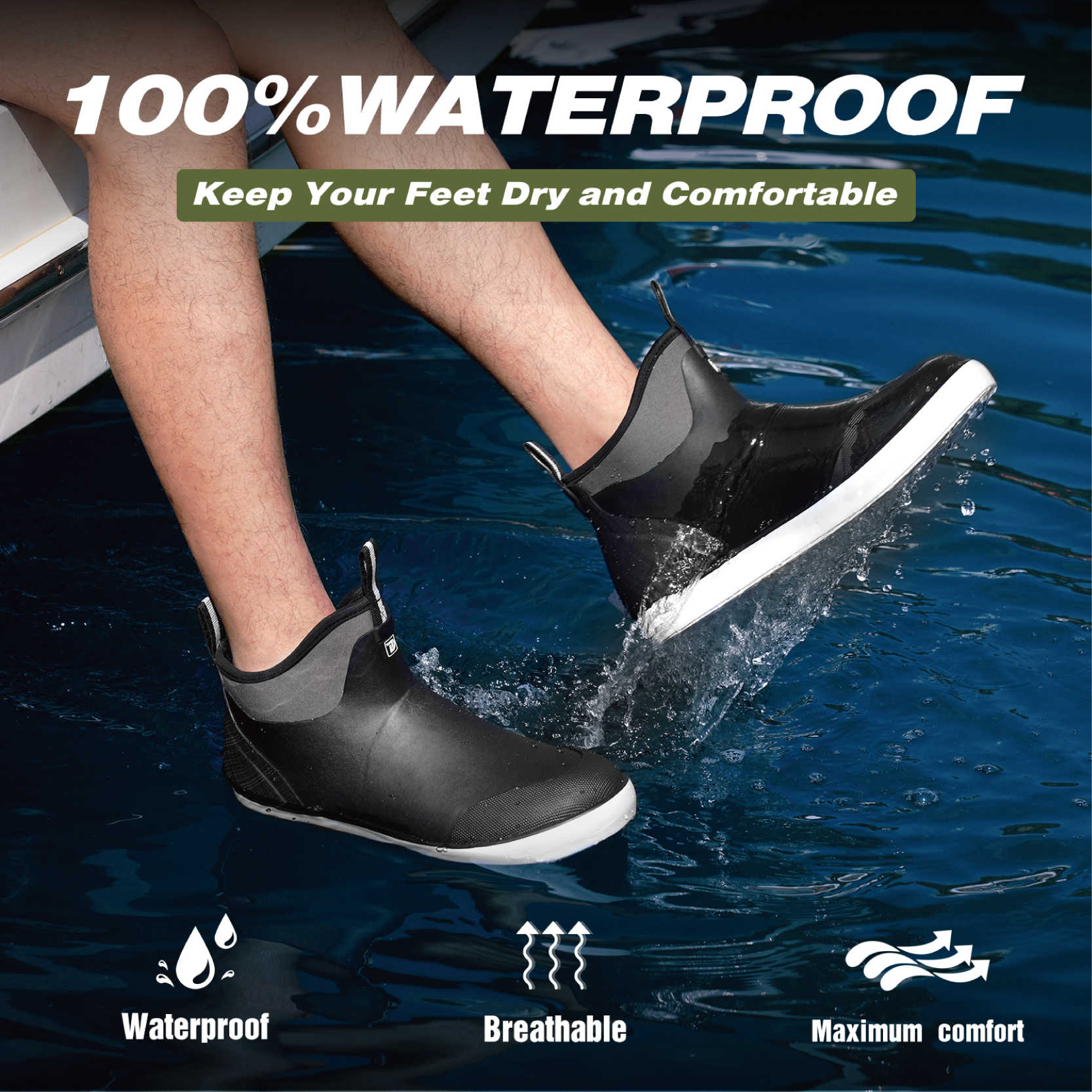 alt="Action shot of Trudave Seafarer Lite Series men’s waterproof slip-on ankle deck boots in black color being worn while stepping into water from a boat, demonstrating 100% waterproof protection, breathable comfort, and maximum grip traction for fishing, boating, and marine activities"

