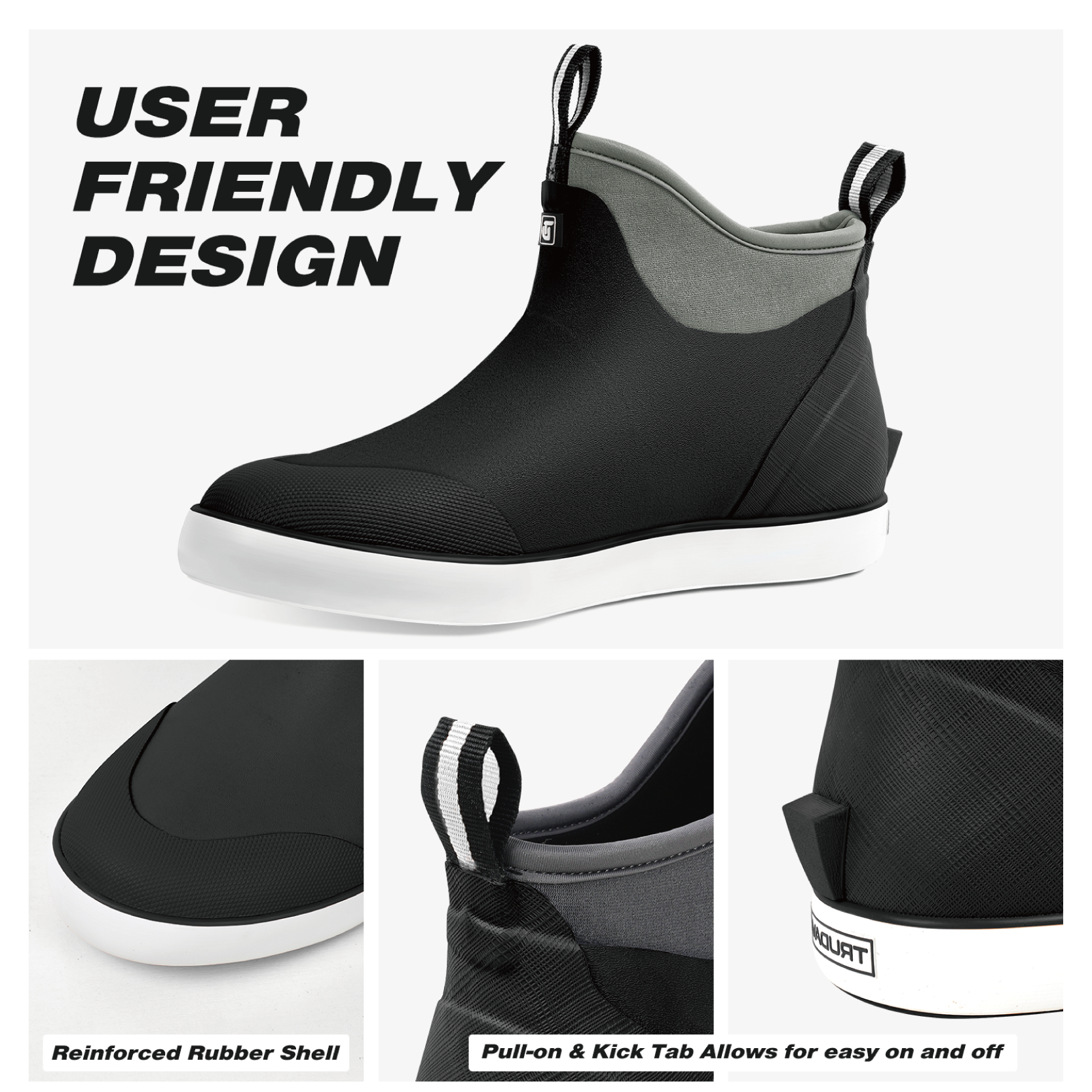 alt="Detail close-up of Trudave Seafarer Lite Series men’s waterproof slip-on ankle deck boots in gray color showing user-friendly design with reinforced rubber shell, pull-on loop, and rear kick tab that allow easy on and off while maintaining waterproof durability for fishing and boating"
