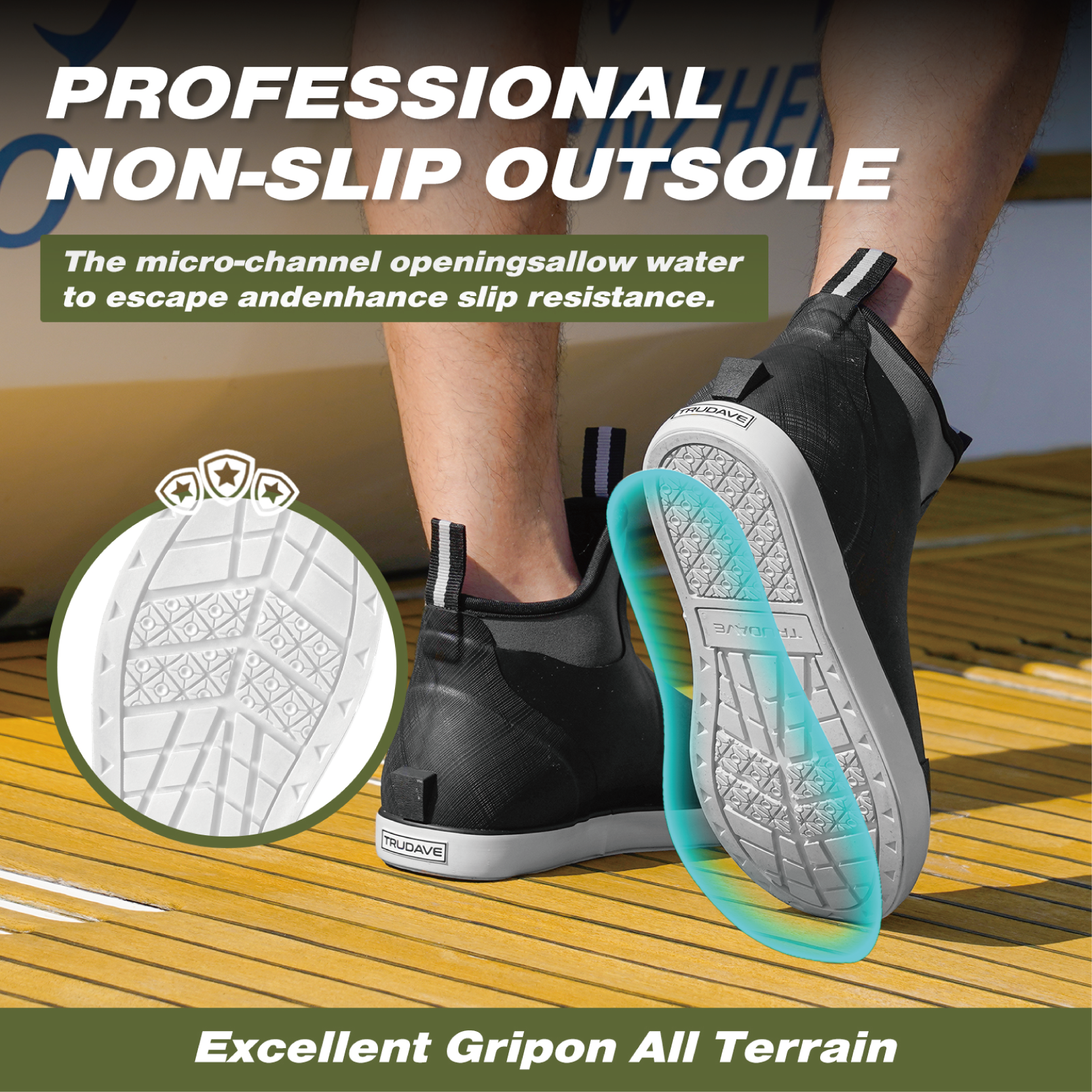 alt="Detail close-up of Trudave Seafarer Lite Series men’s waterproof slip-on ankle deck boots in gray color showing professional non-slip outsole with micro-channel openings that allow water to escape for enhanced grip and traction, providing excellent stability on wet marine surfaces during fishing and boating"
