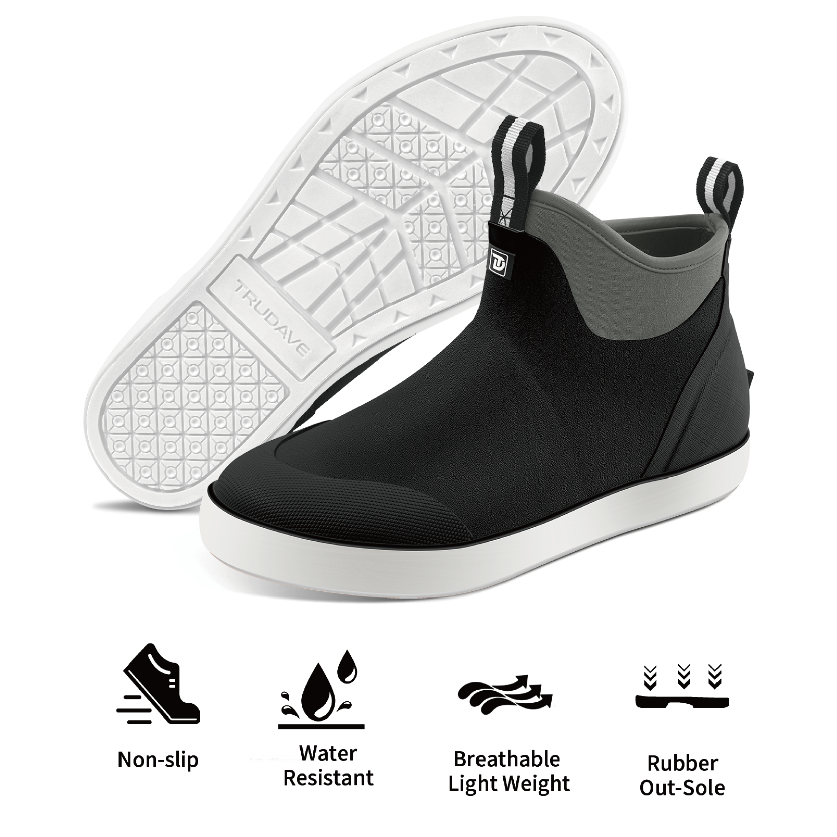 alt="Detail close-up of Trudave Seafarer Lite Series men’s waterproof slip-on ankle deck boots in gray color showing non-slip rubber outsole, water-resistant breathable design, and lightweight durable construction built for fishing, boating, and outdoor marine conditions"
