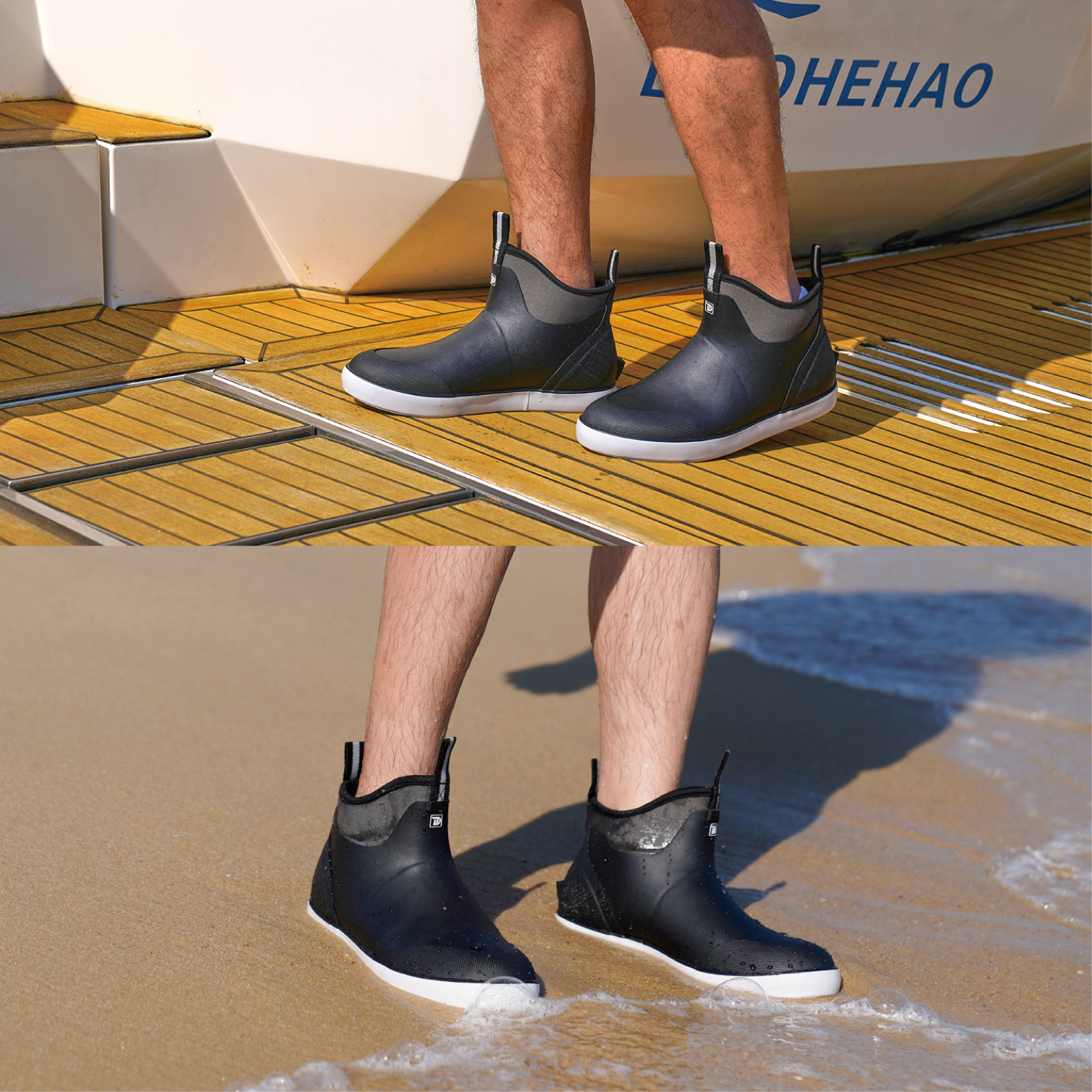 alt="Lifestyle close-up of Trudave Seafarer Lite Series men’s waterproof slip-on ankle deck boots in gray color worn on a wet deck and sandy beach, showing non-slip sole traction, waterproof rubber construction, and durable insulated design ideal for fishing, boating, and coastal outdoor use"
