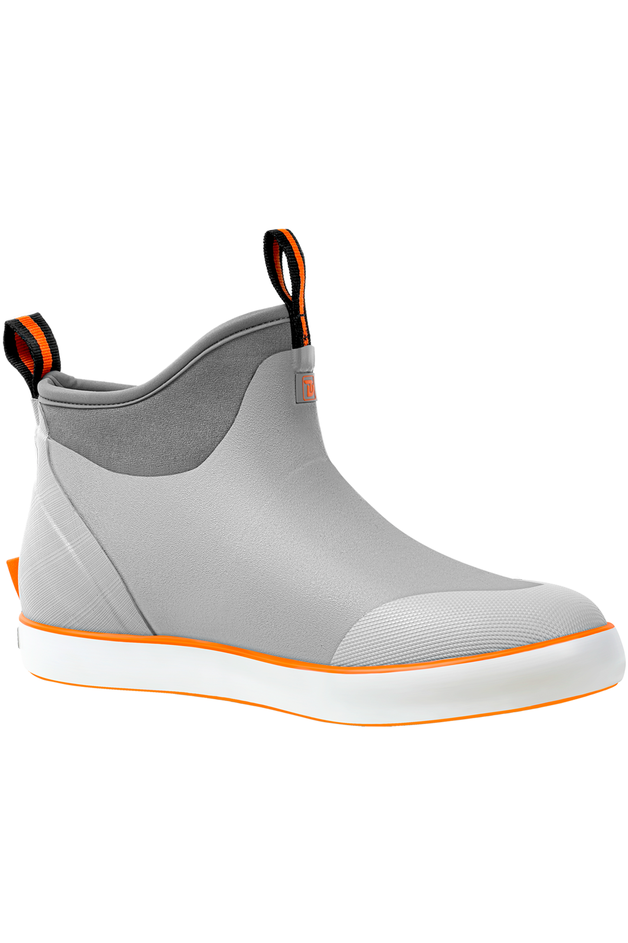 alt="Side view of Trudave Seafarer Lite Series men’s waterproof slip-on ankle deck boots in gray color showing insulated rubber construction, slip-resistant sole, and seamless waterproof design built for fishing, boating, and wet deck conditions"
