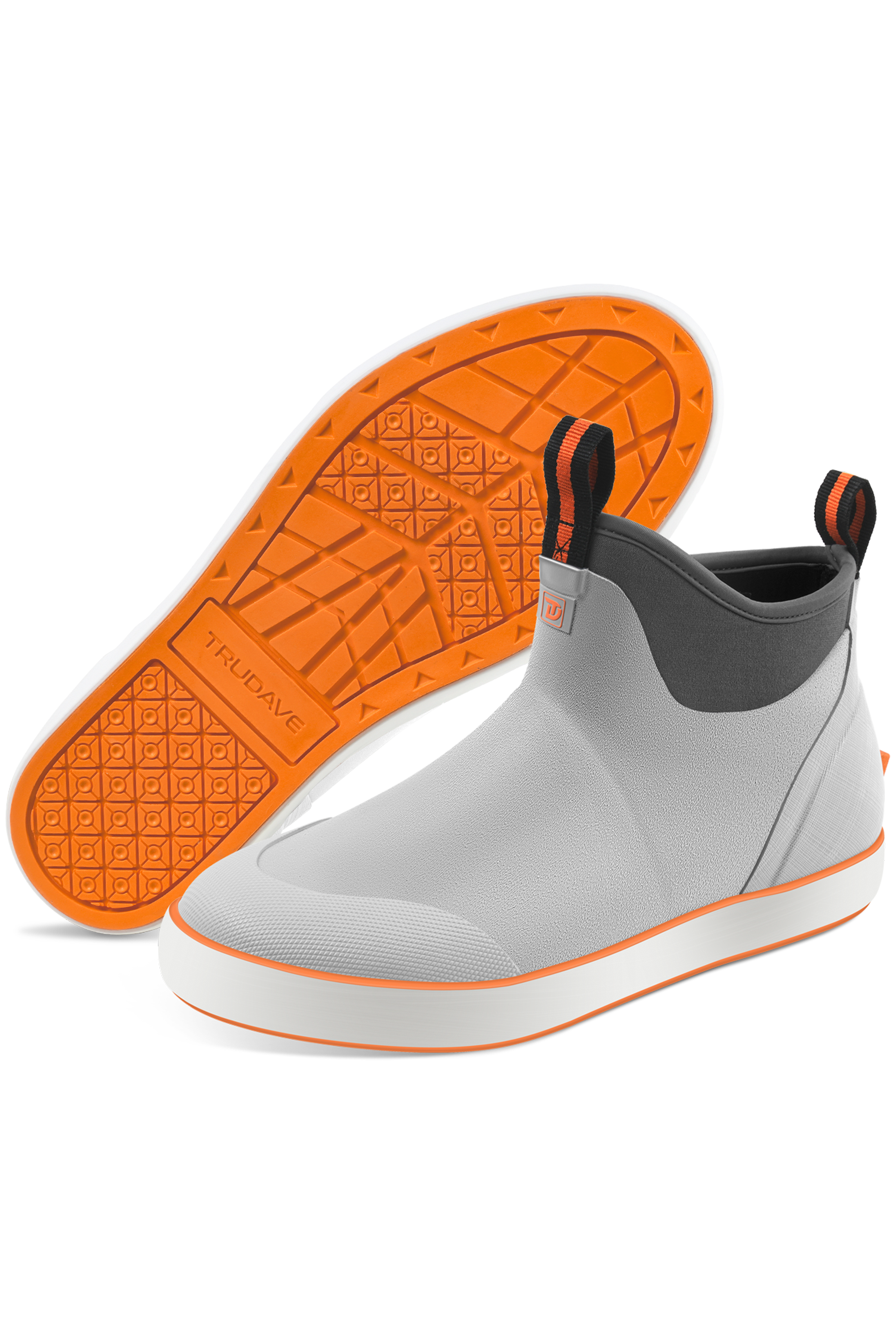 alt="Side view of Trudave Seafarer Lite Series men’s waterproof slip-on ankle deck boots in gray color showing insulated rubber construction, slip-resistant sole, and seamless waterproof design built for fishing, boating, and wet deck conditions"
