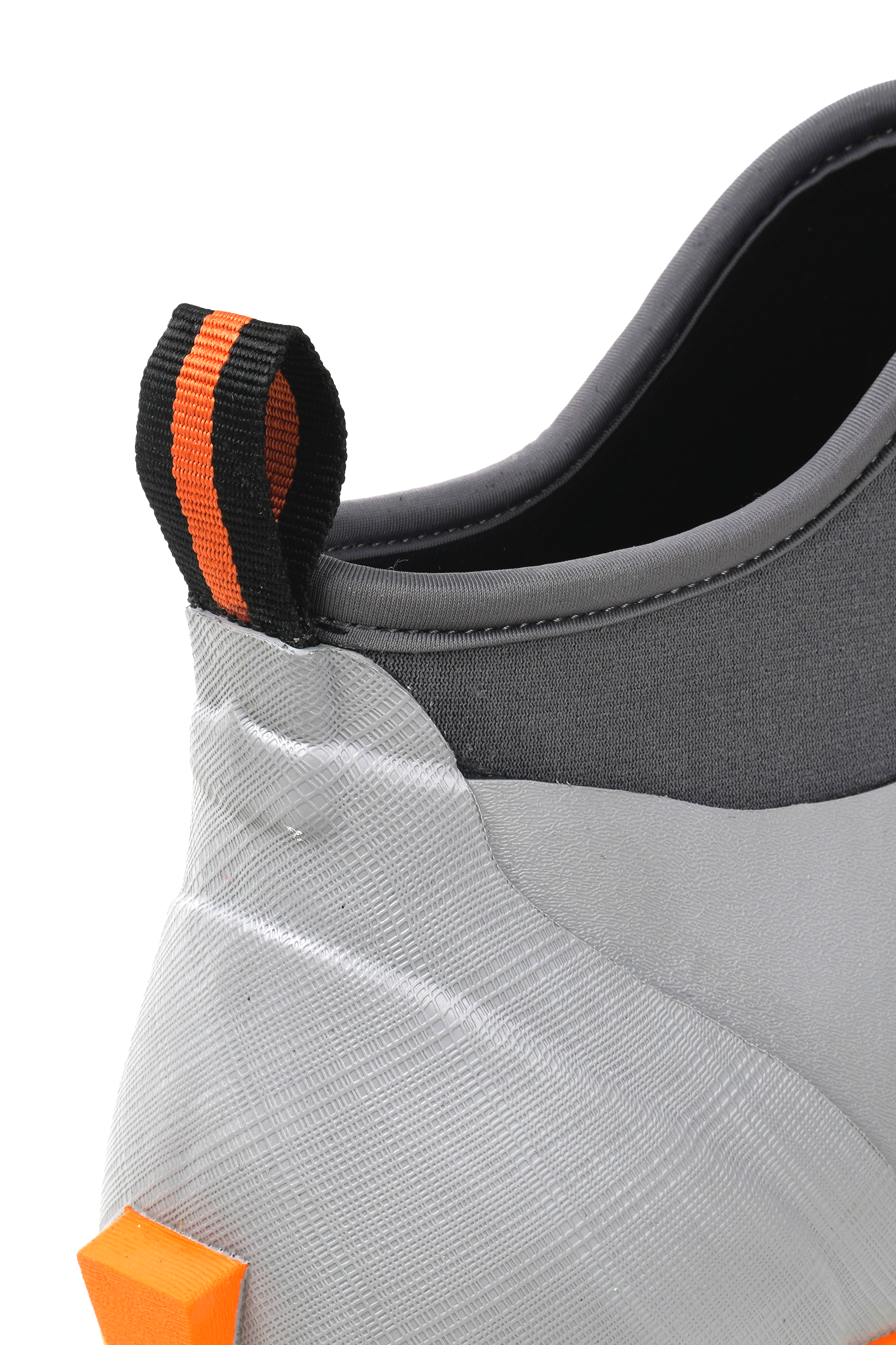 alt="Close-up of the pull loop and rear kick lug on Trudave Seafarer Lite Series men’s waterproof slip-on ankle deck boots in gray color showing reinforced heel construction, easy-on pull tab, and non-slip waterproof rubber design built for fishing and boating use"
